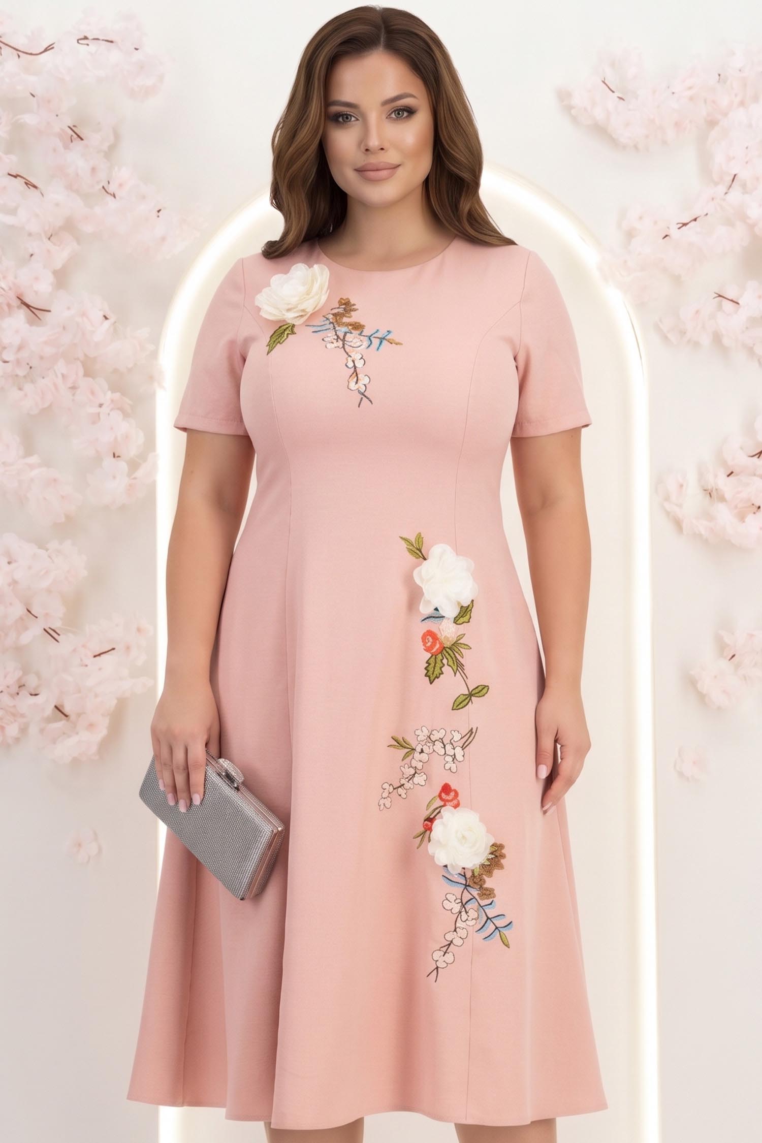 Rochie roz pudra midi in clos cu detalii brodate si flori 3D - StarShinerS 1 - StarShinerS.ro