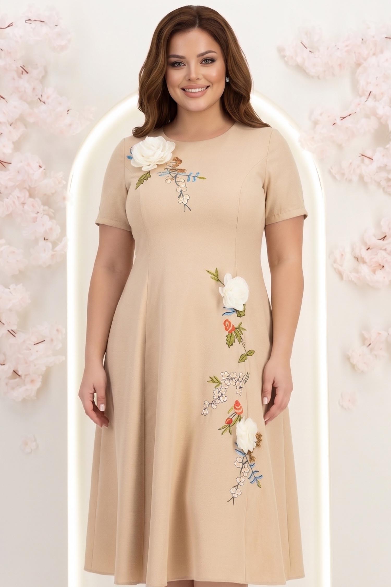 Rochie bej midi in clos cu detalii brodate si flori 3D - StarShinerS 1 - StarShinerS.ro