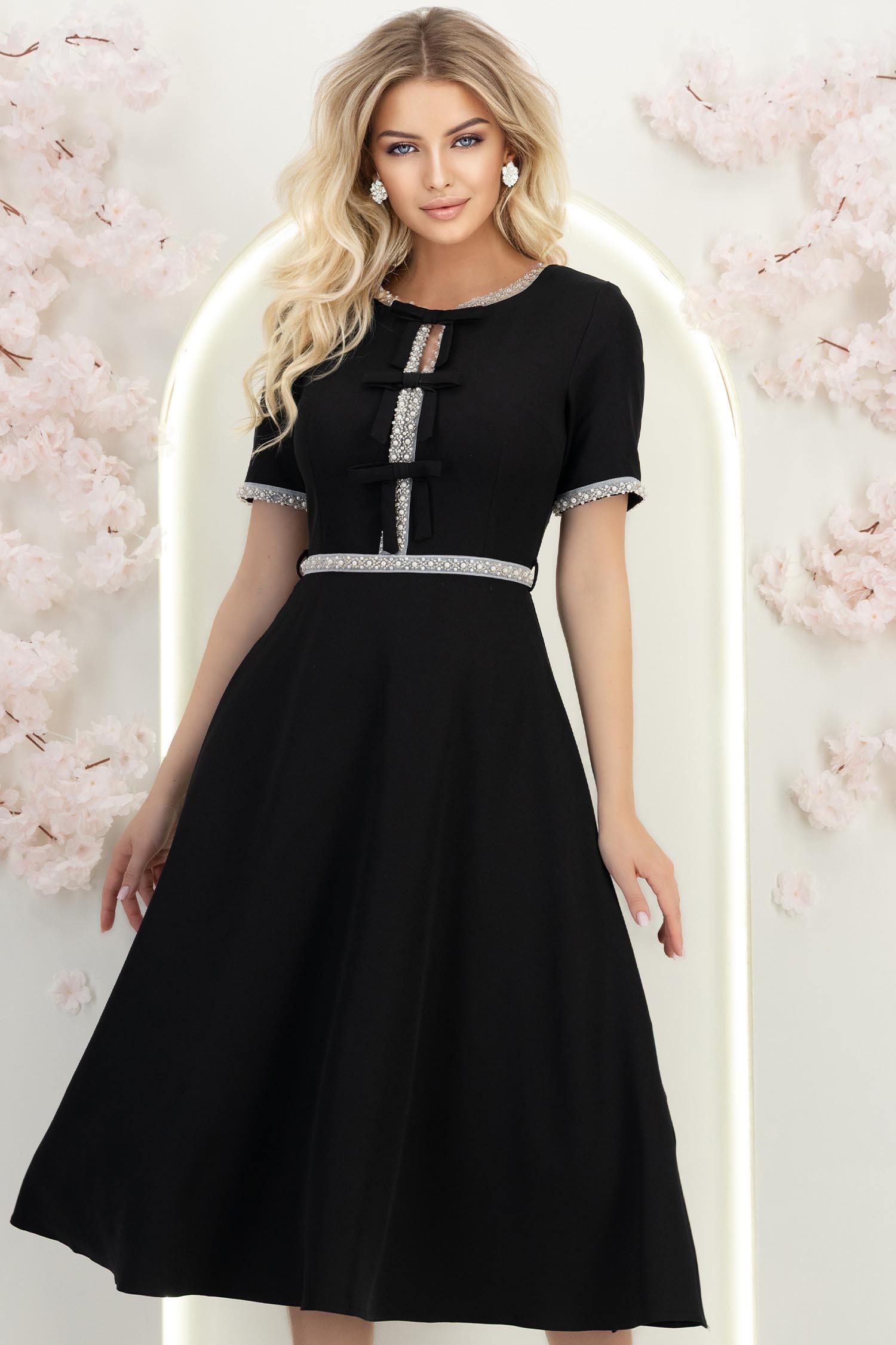 Rochie neagra midi in clos cu perle si cordon detasabil - StarShinerS 2 - StarShinerS.ro