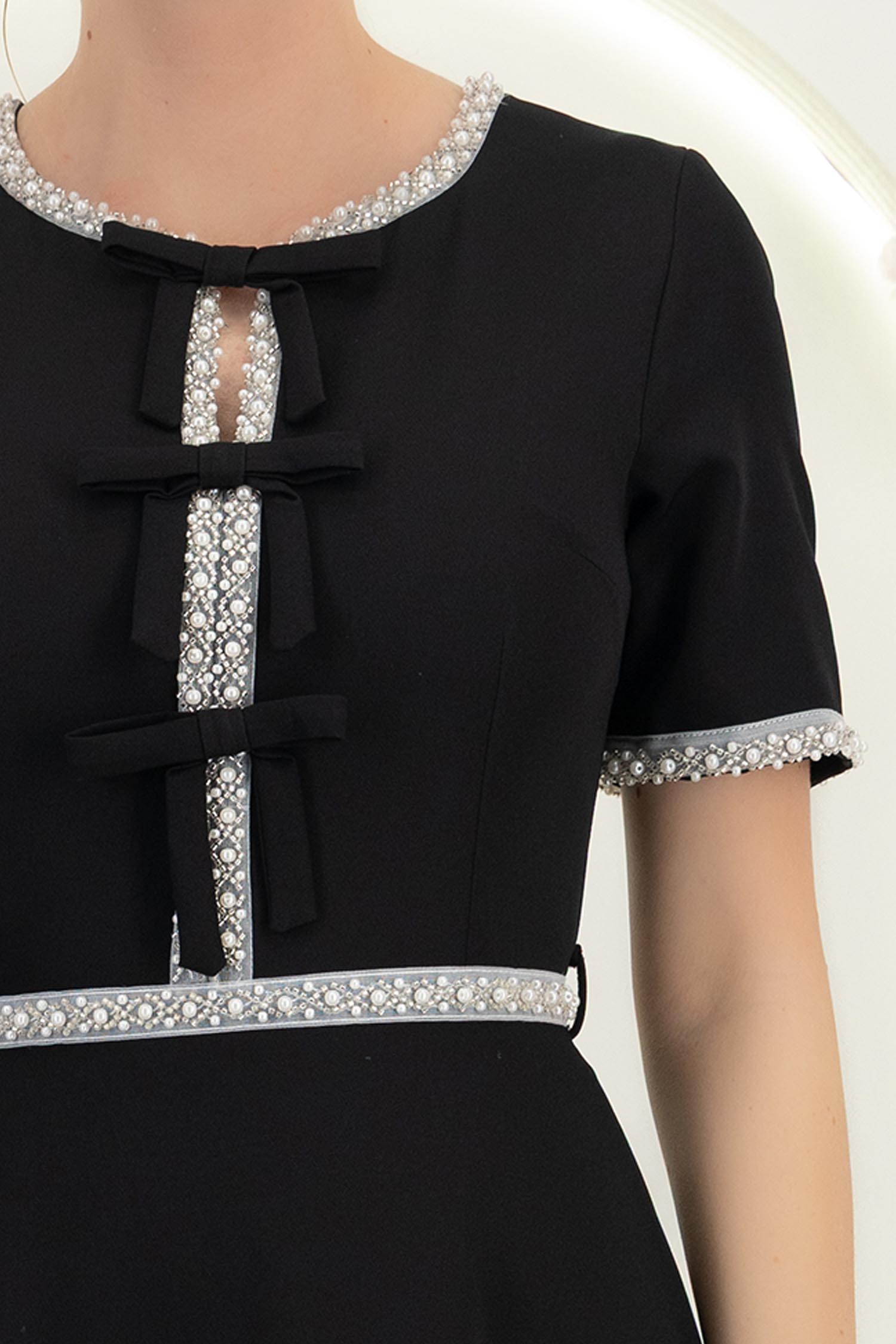 Rochie neagra midi in clos cu perle si cordon detasabil - StarShinerS 4 - StarShinerS.ro