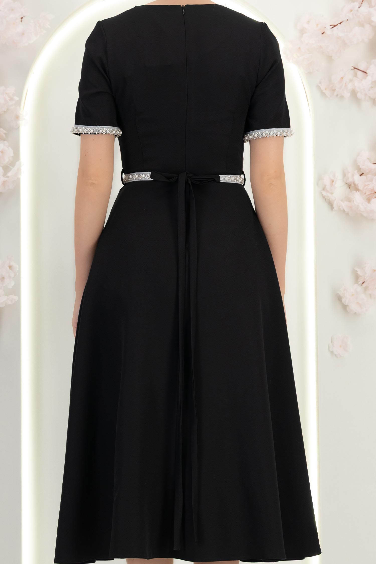 Rochie neagra midi in clos cu perle si cordon detasabil - StarShinerS 6 - StarShinerS.ro