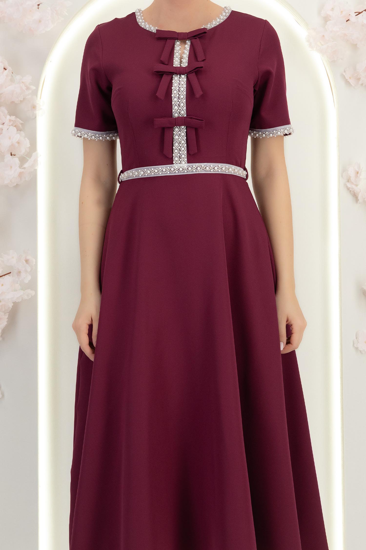 Rochie mov midi in clos cu perle si cordon detasabil - StarShinerS 5 - StarShinerS.ro