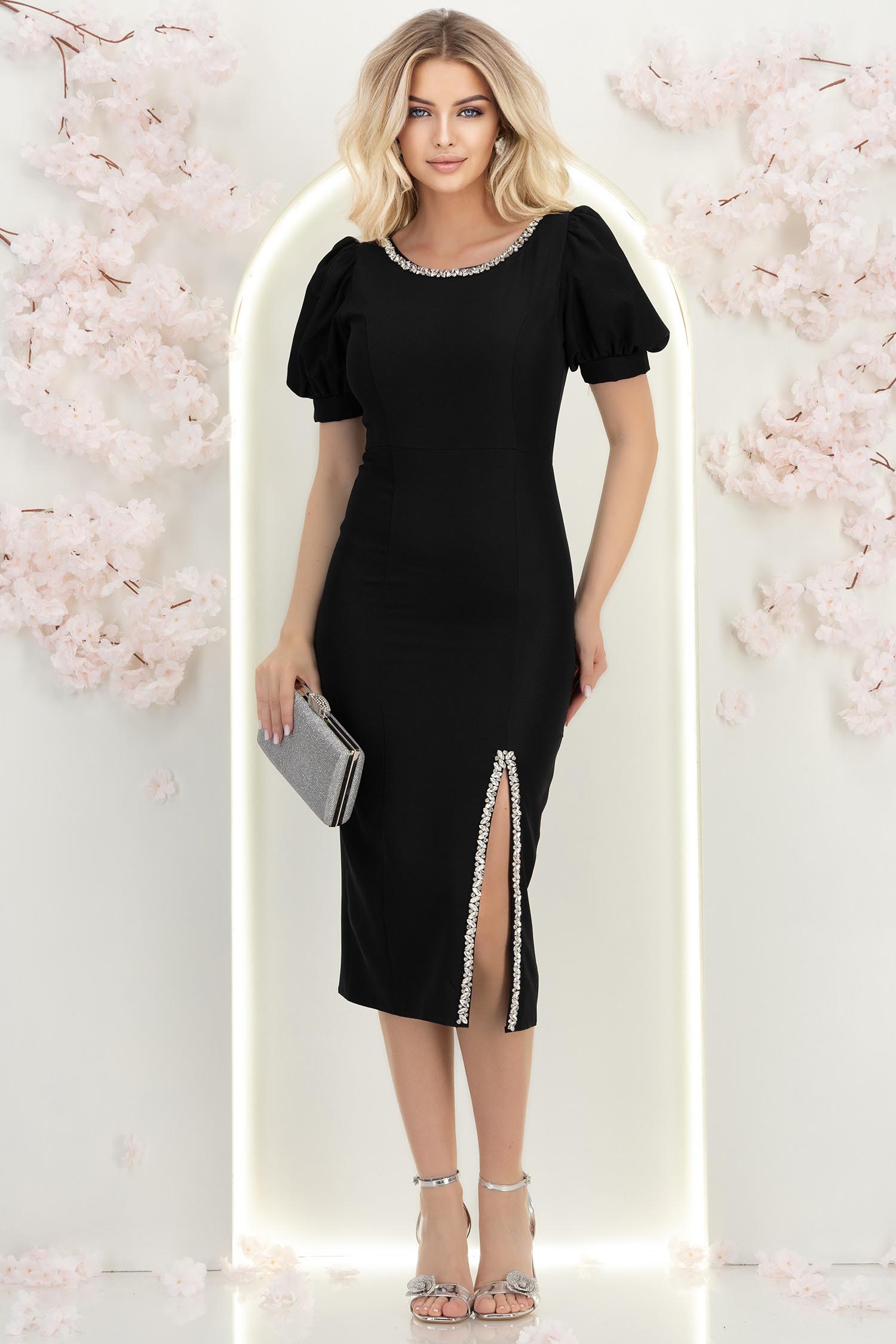 Rochie neagra midi tip creion cu aplicatii stralucitoare - StarShinerS 3 - StarShinerS.ro