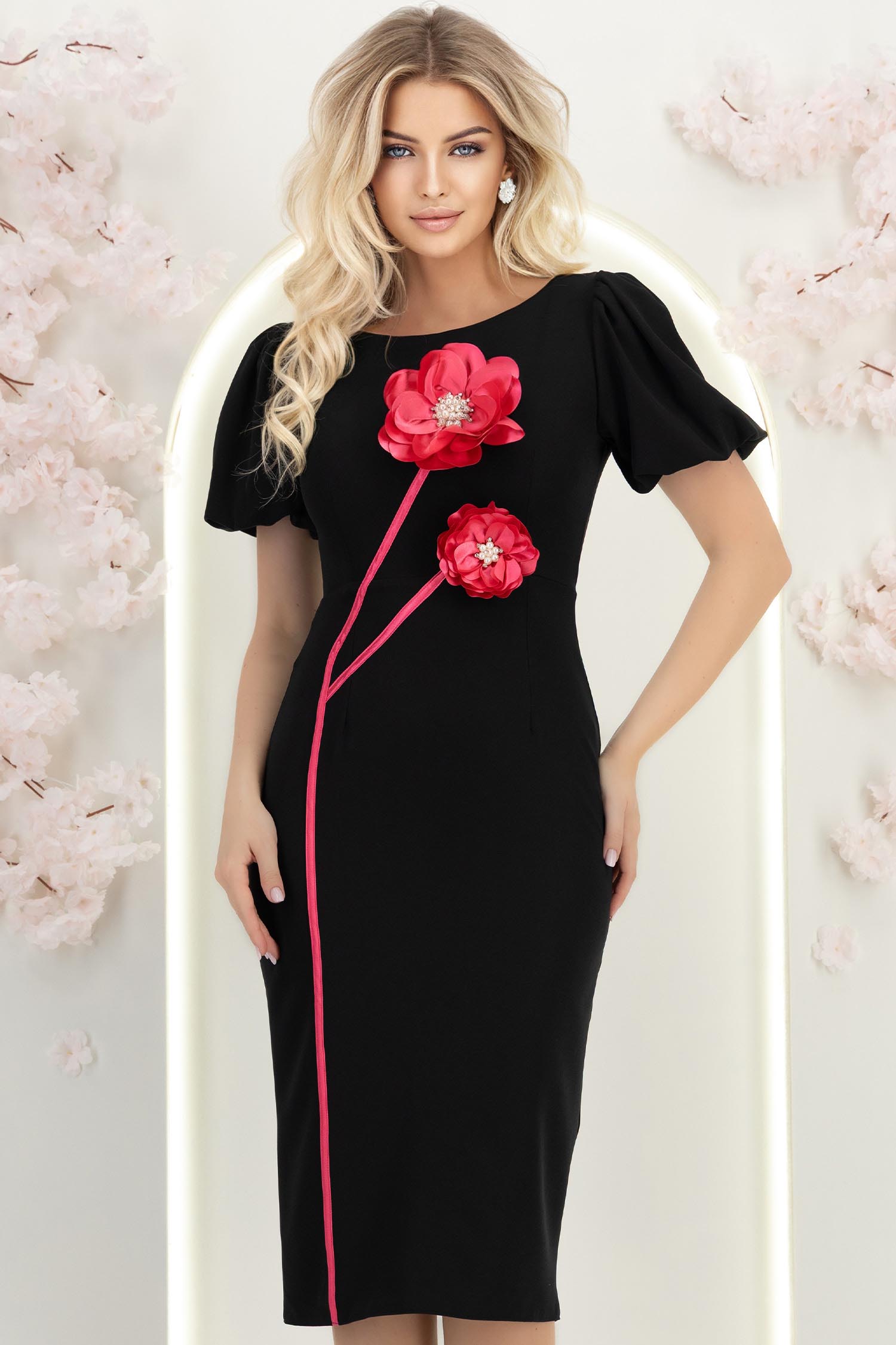 Rochie neagra midi tip creion cu brose florale 3D - StarShinerS 3 - StarShinerS.ro