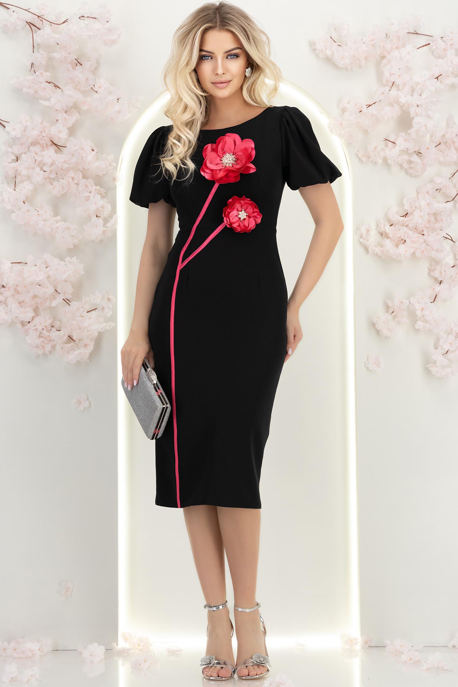 Rochie neagra midi tip creion cu brose florale 3D - StarShinerS 4 - StarShinerS.ro
