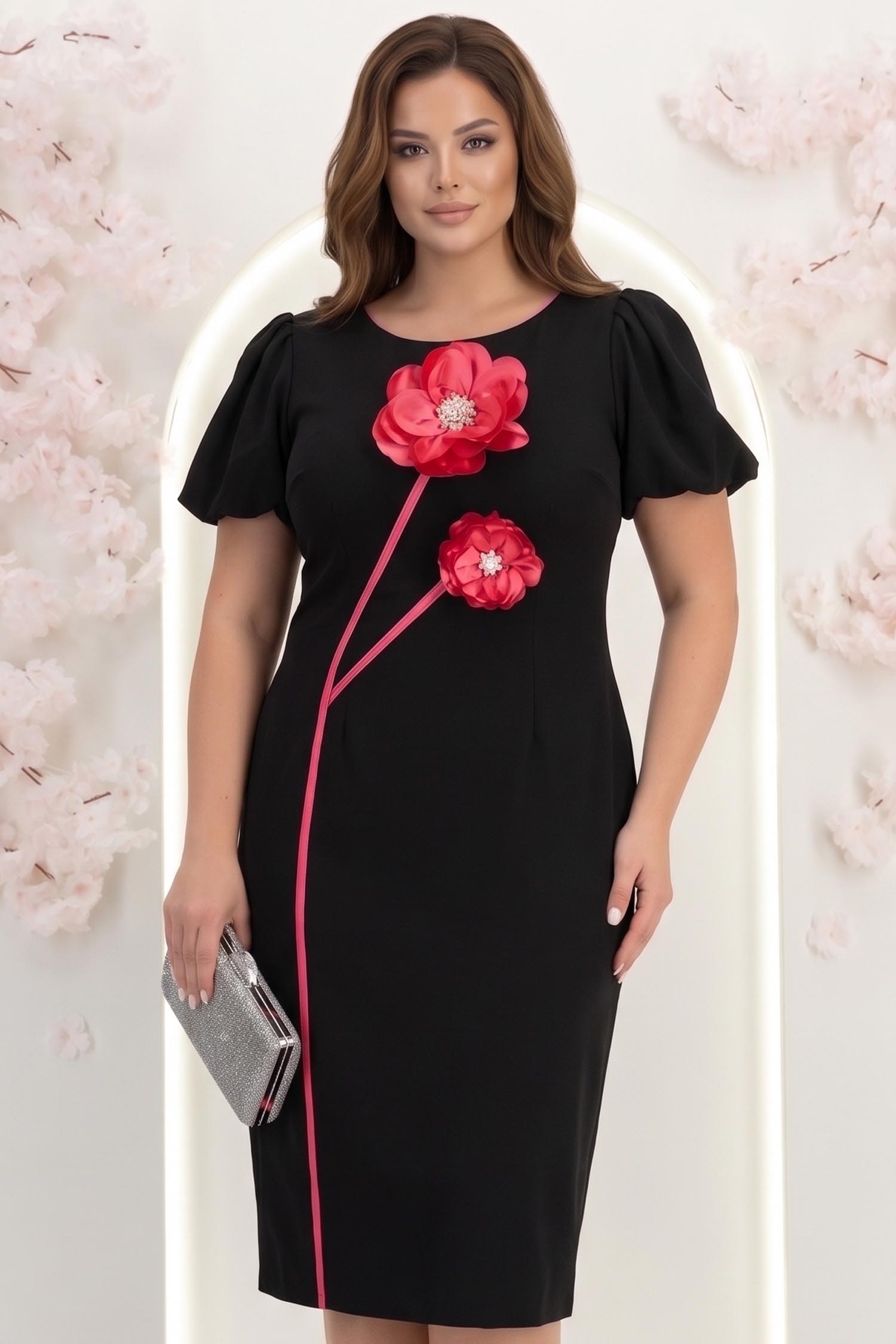 Rochie neagra midi tip creion cu brose florale 3D - StarShinerS 1 - StarShinerS.ro