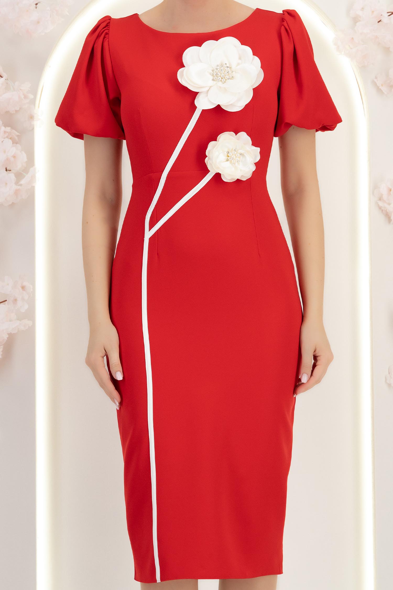 Rochie rosie midi tip creion cu brose florale 3D - StarShinerS 5 - StarShinerS.ro