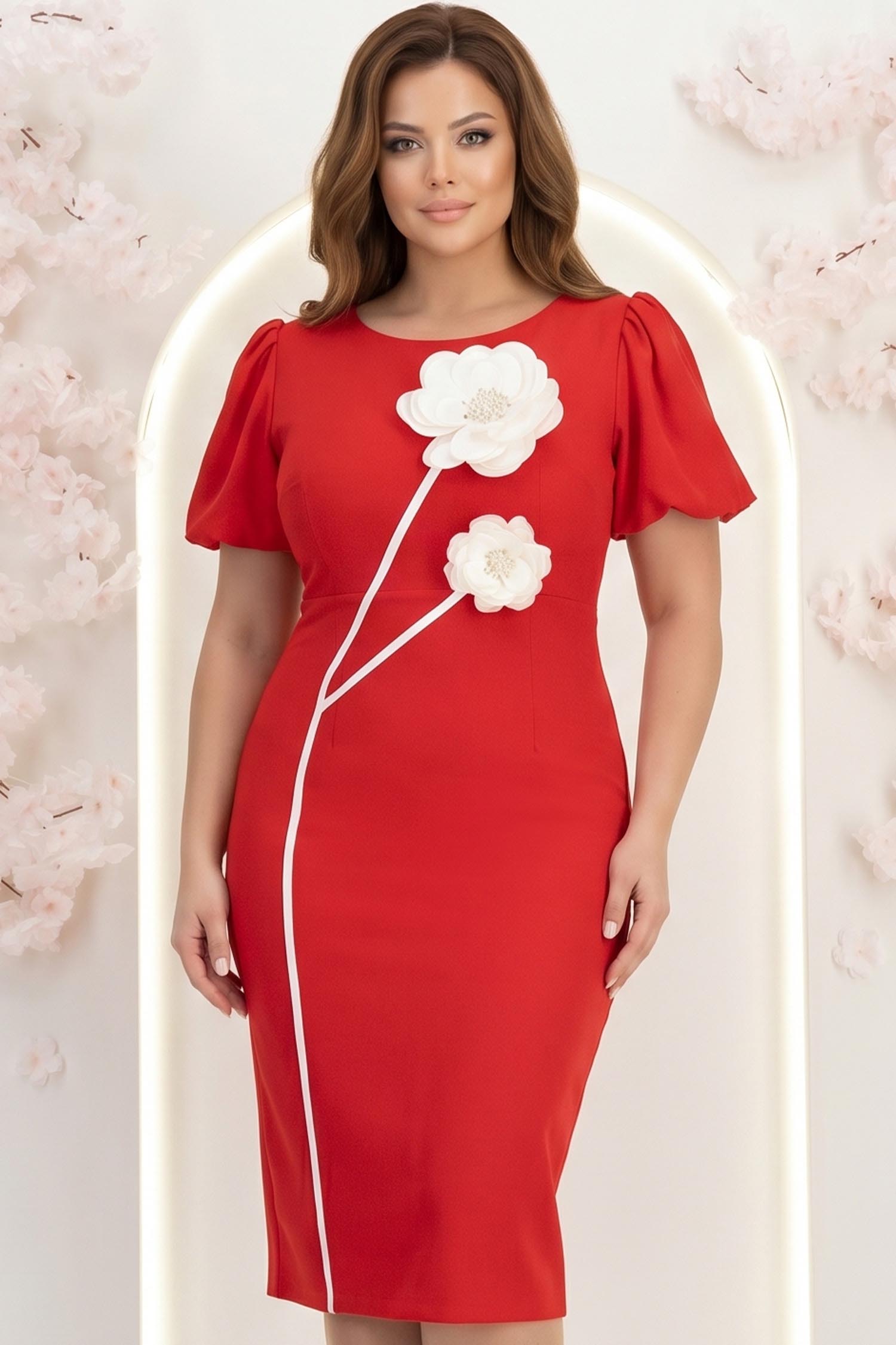 Rochie rosie midi tip creion cu brose florale 3D - StarShinerS 1 - StarShinerS.ro