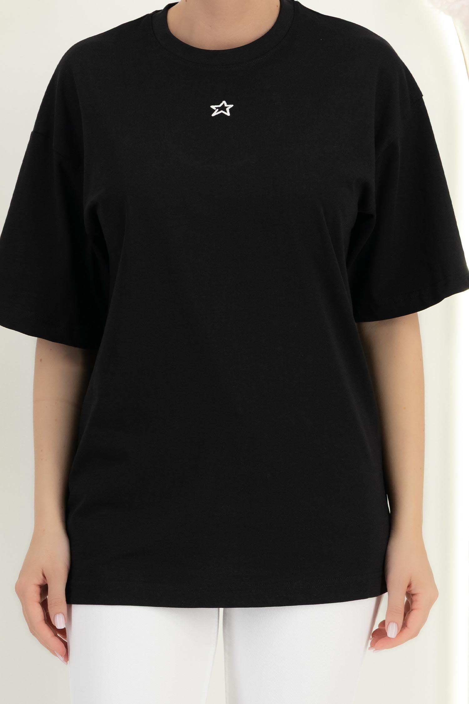 Tricou din bumbac negru cu croi larg 5 - StarShinerS.ro