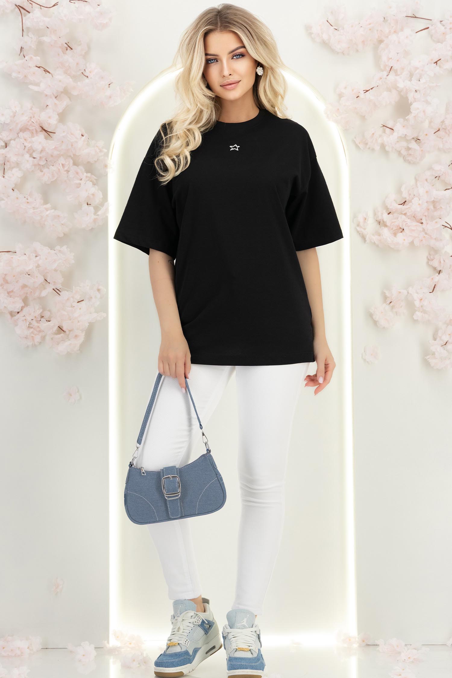Tricou din bumbac negru cu croi larg 3 - StarShinerS.ro