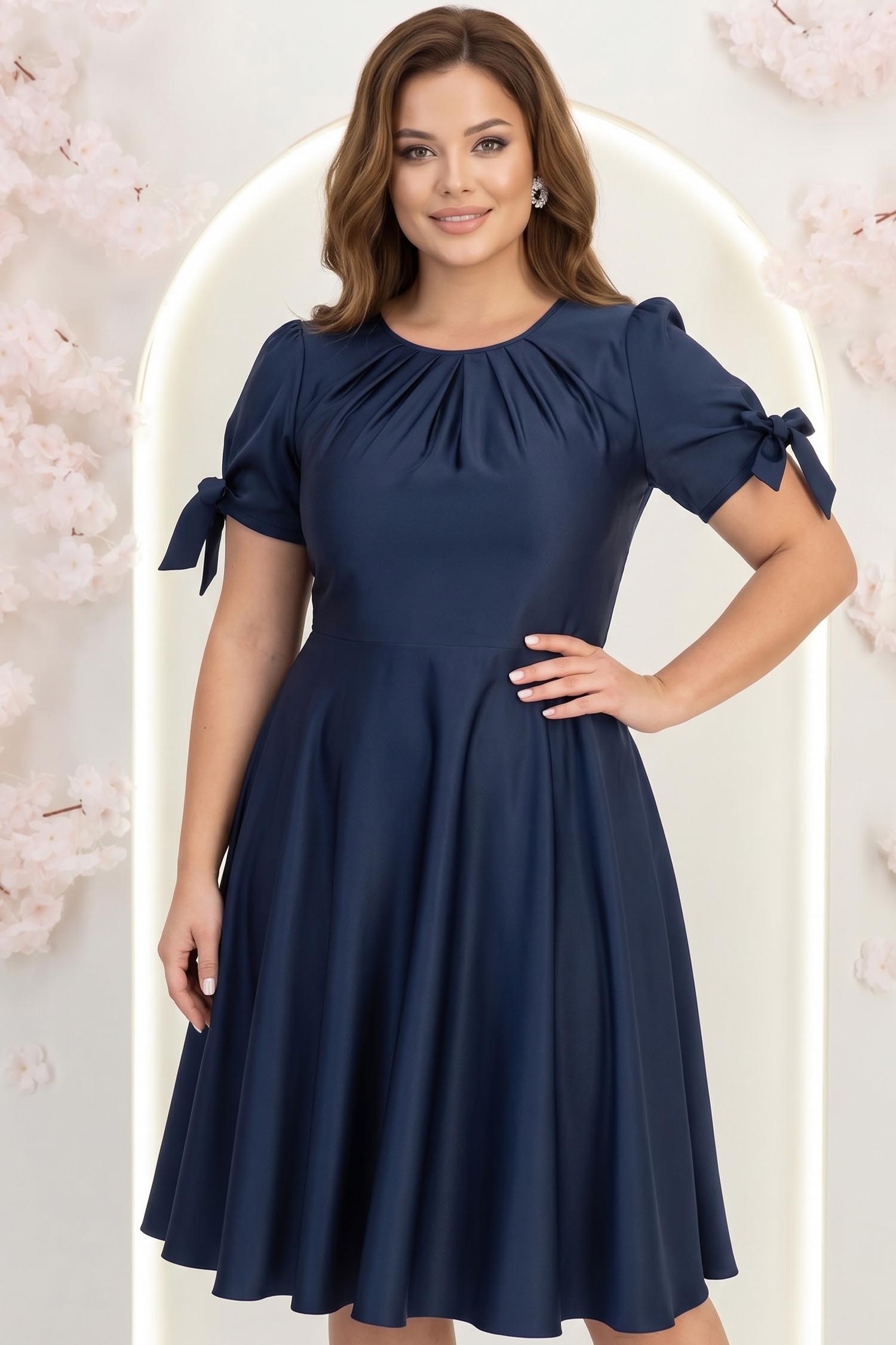 Rochie din satin bleumarin până la genunchi in clos cu fundite- StarShinerS 1 - StarShinerS.ro