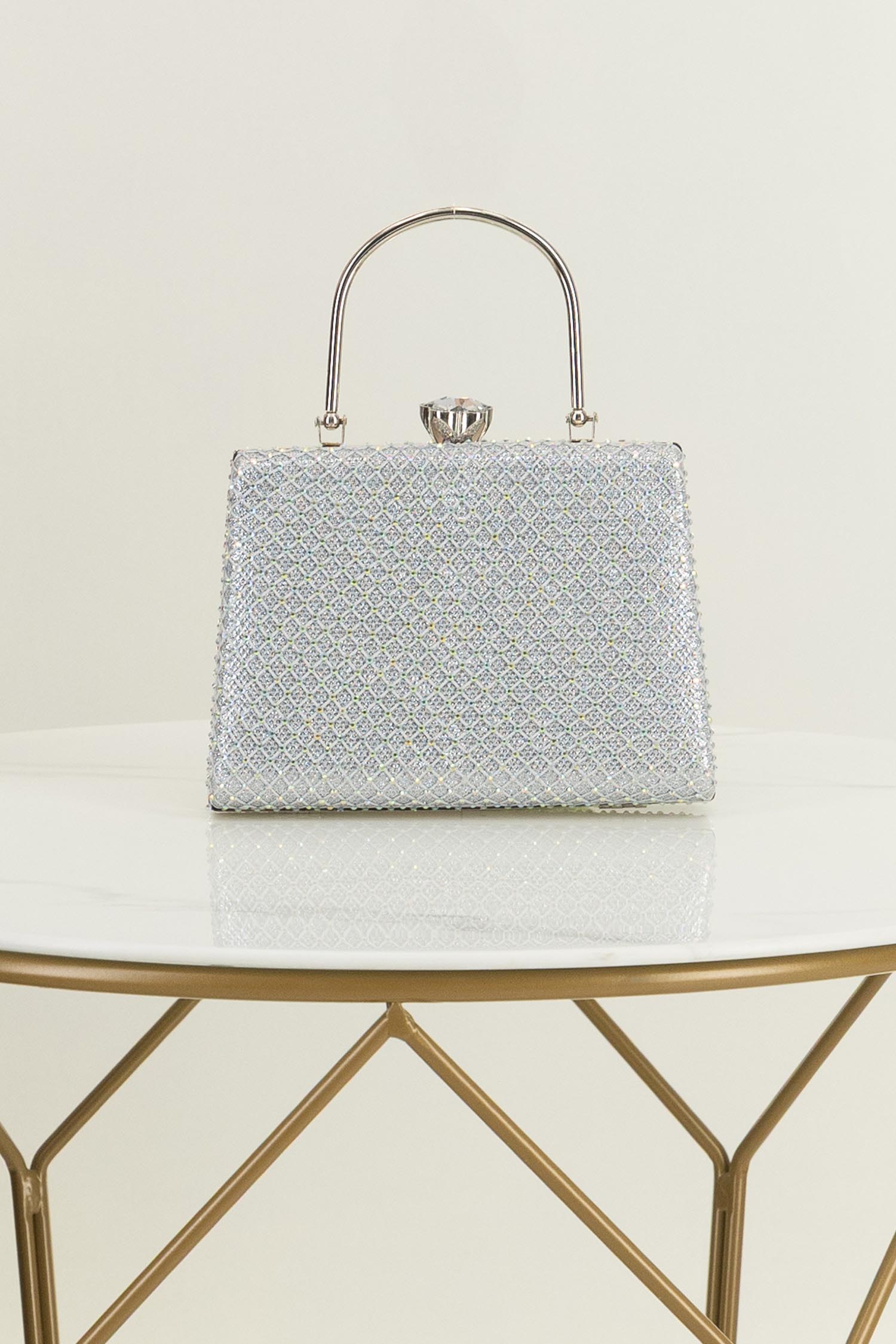 Geanta dama argintie tip clutch cu pietre strass 2 - StarShinerS.ro