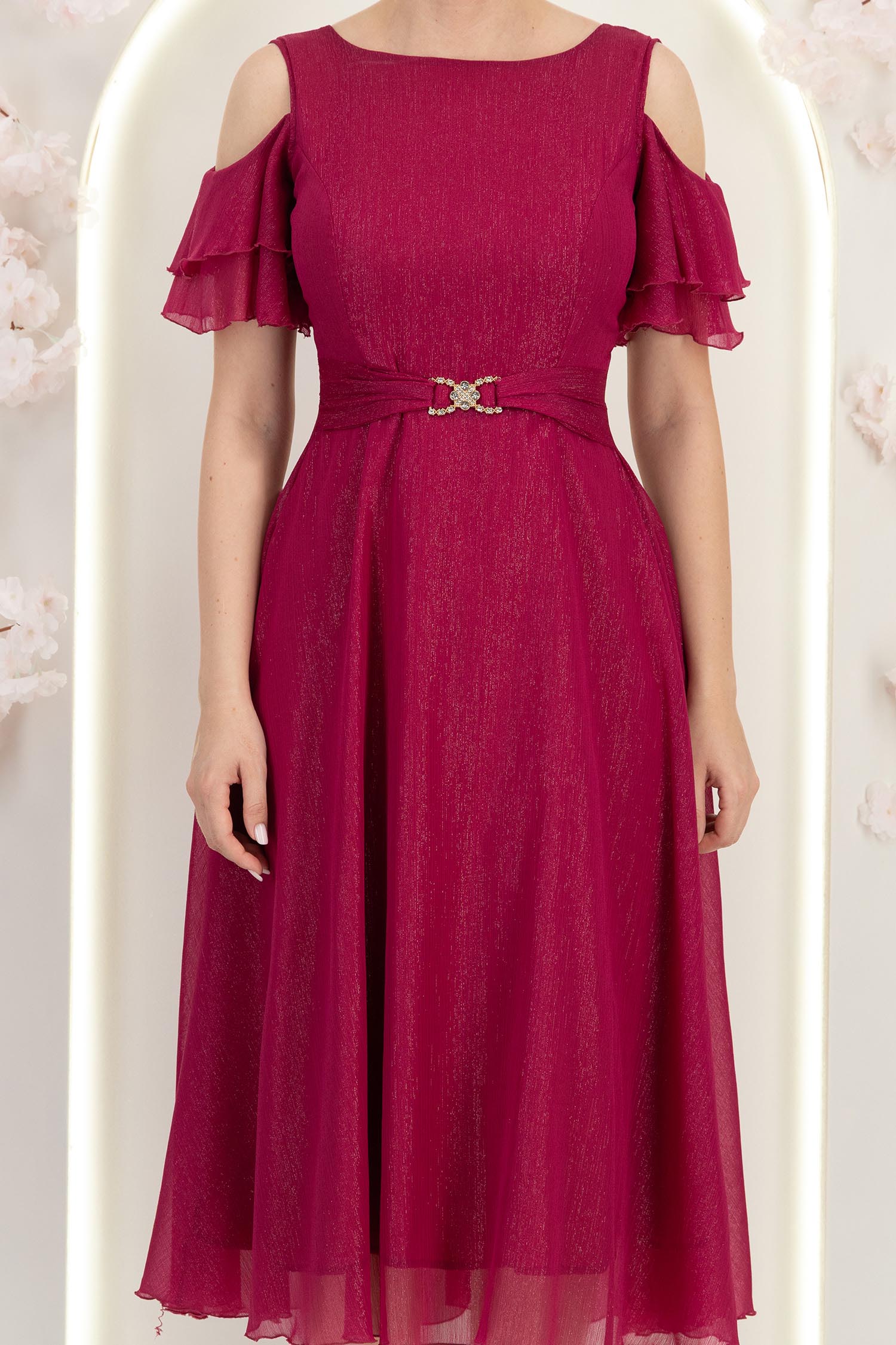 Rochie din voal cu fir lame zmeura midi in clos - StarShinerS 5 - StarShinerS.ro