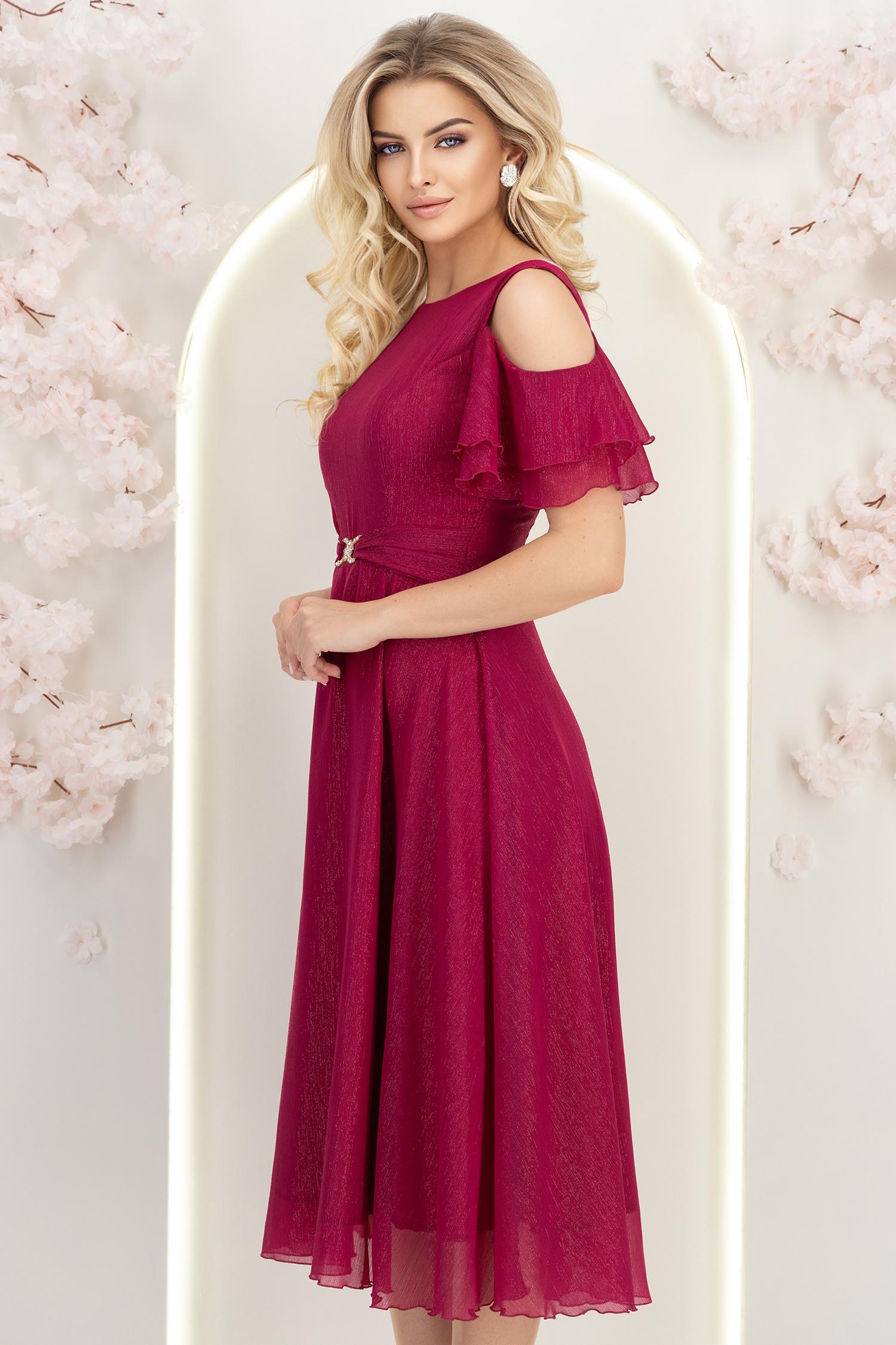 Rochie din voal cu fir lame zmeura midi in clos - StarShinerS 2 - StarShinerS.ro