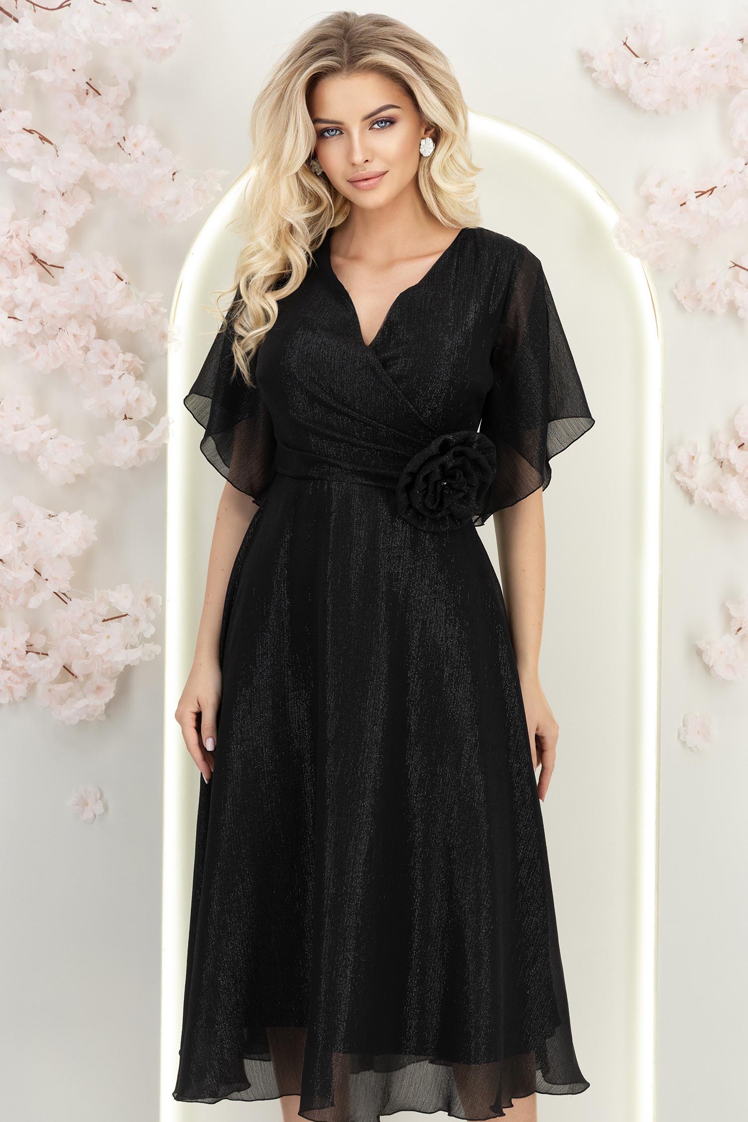 Rochie din voal cu fir lame neagra midi in clos cu brosa - StarShinerS 3 - StarShinerS.ro