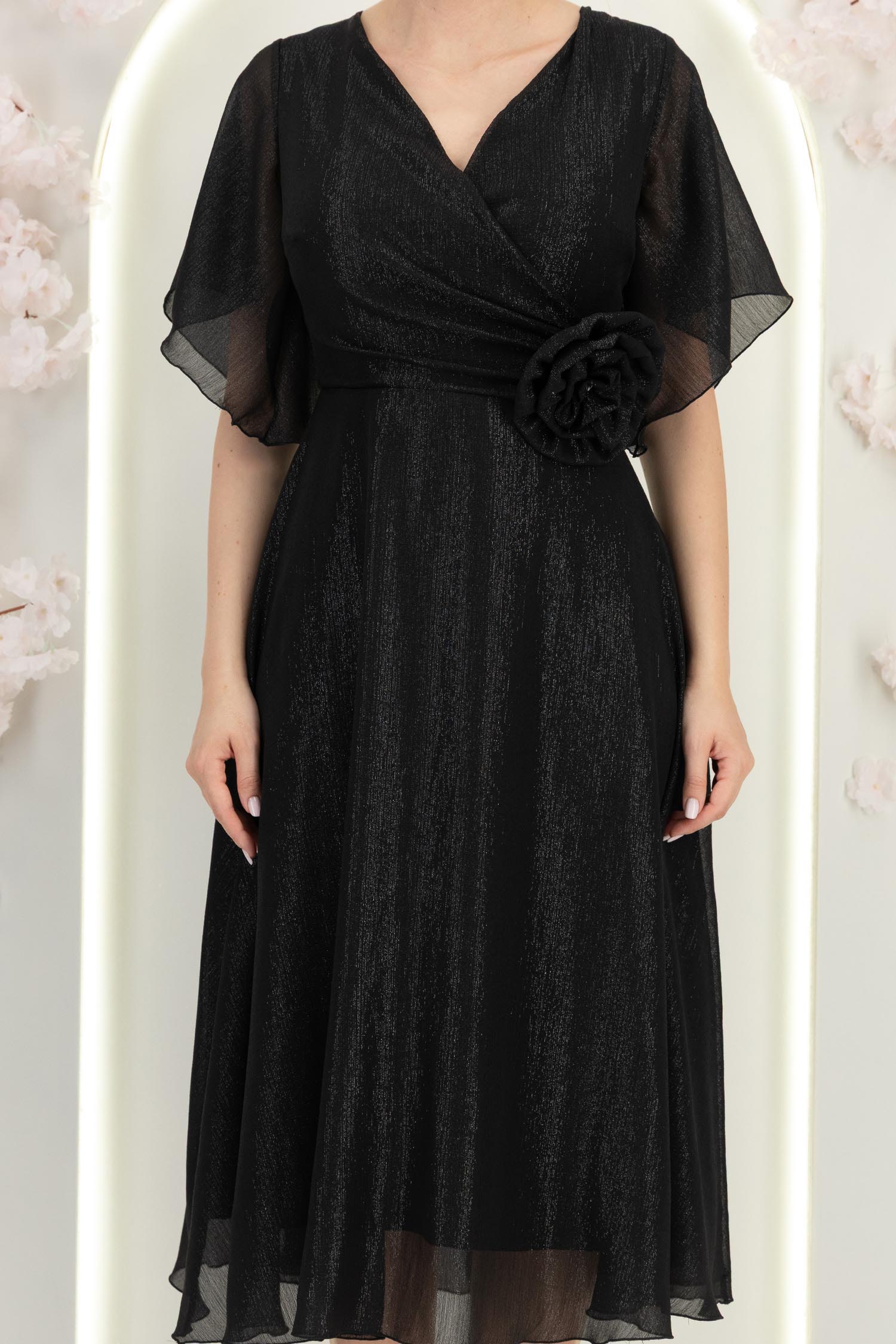Rochie din voal cu fir lame neagra midi in clos cu brosa - StarShinerS 6 - StarShinerS.ro