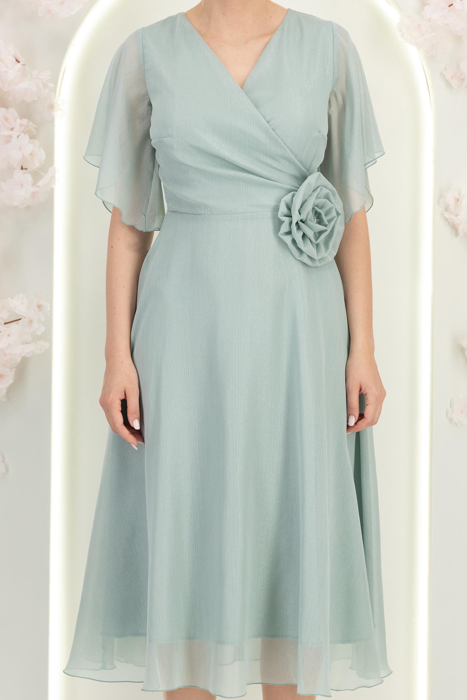 Rochie din voal cu fir lame mint midi in clos cu brosa - StarShinerS 6 - StarShinerS.ro