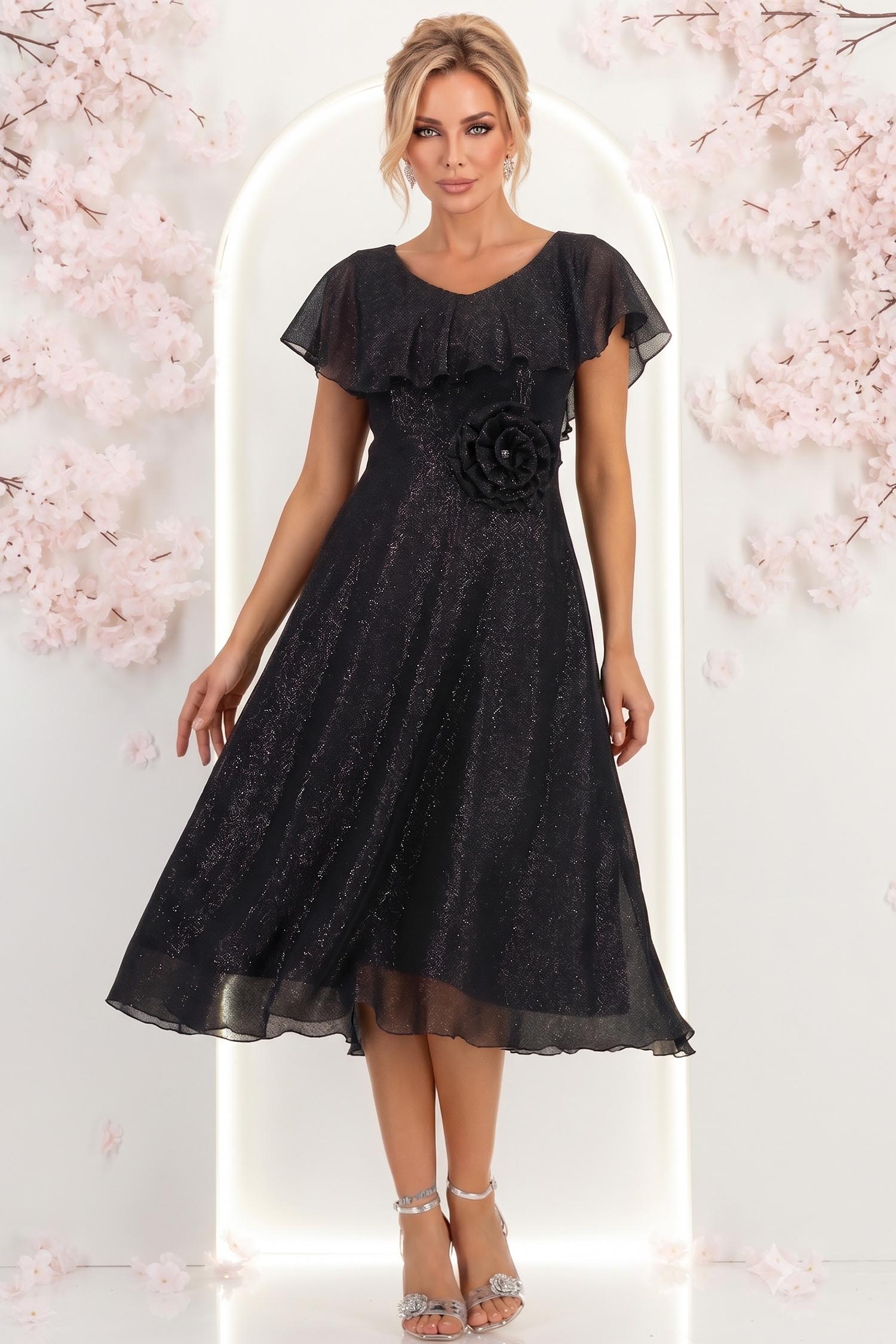 Rochie din voal si fir lame neagra midi in clos cu brosa - StarShinerS 2 - StarShinerS.ro