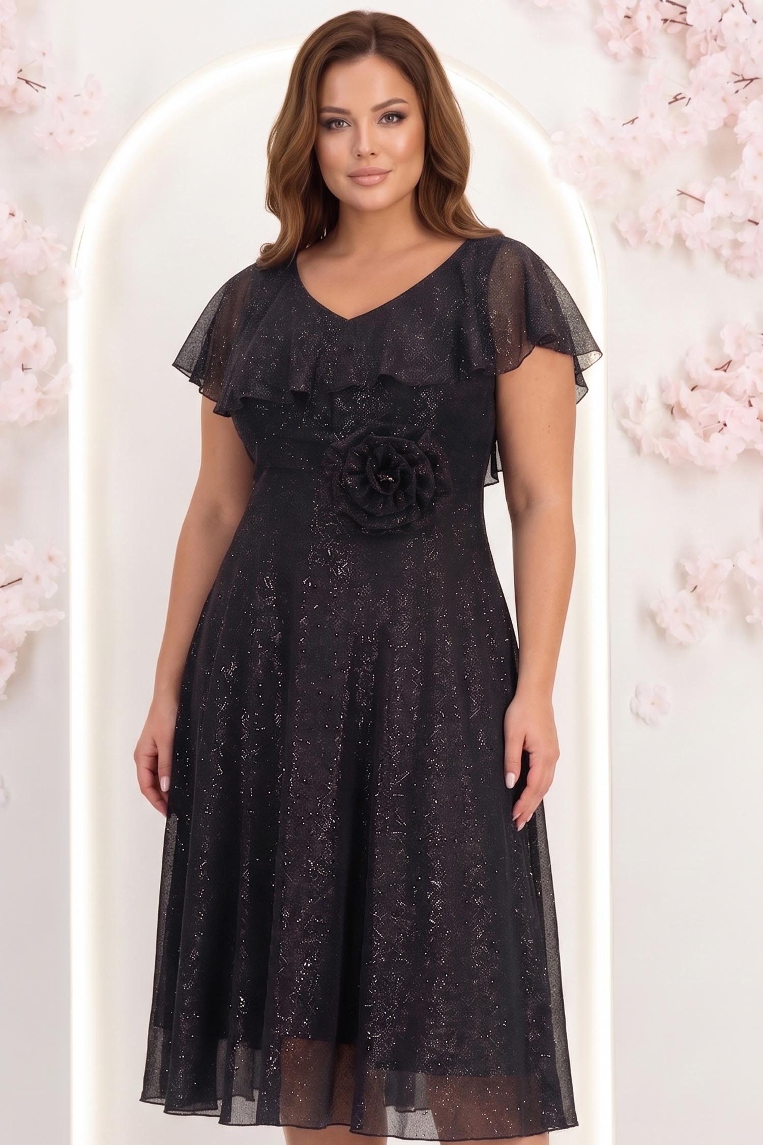 Rochie din voal si fir lame neagra midi in clos cu brosa - StarShinerS 1 - StarShinerS.ro