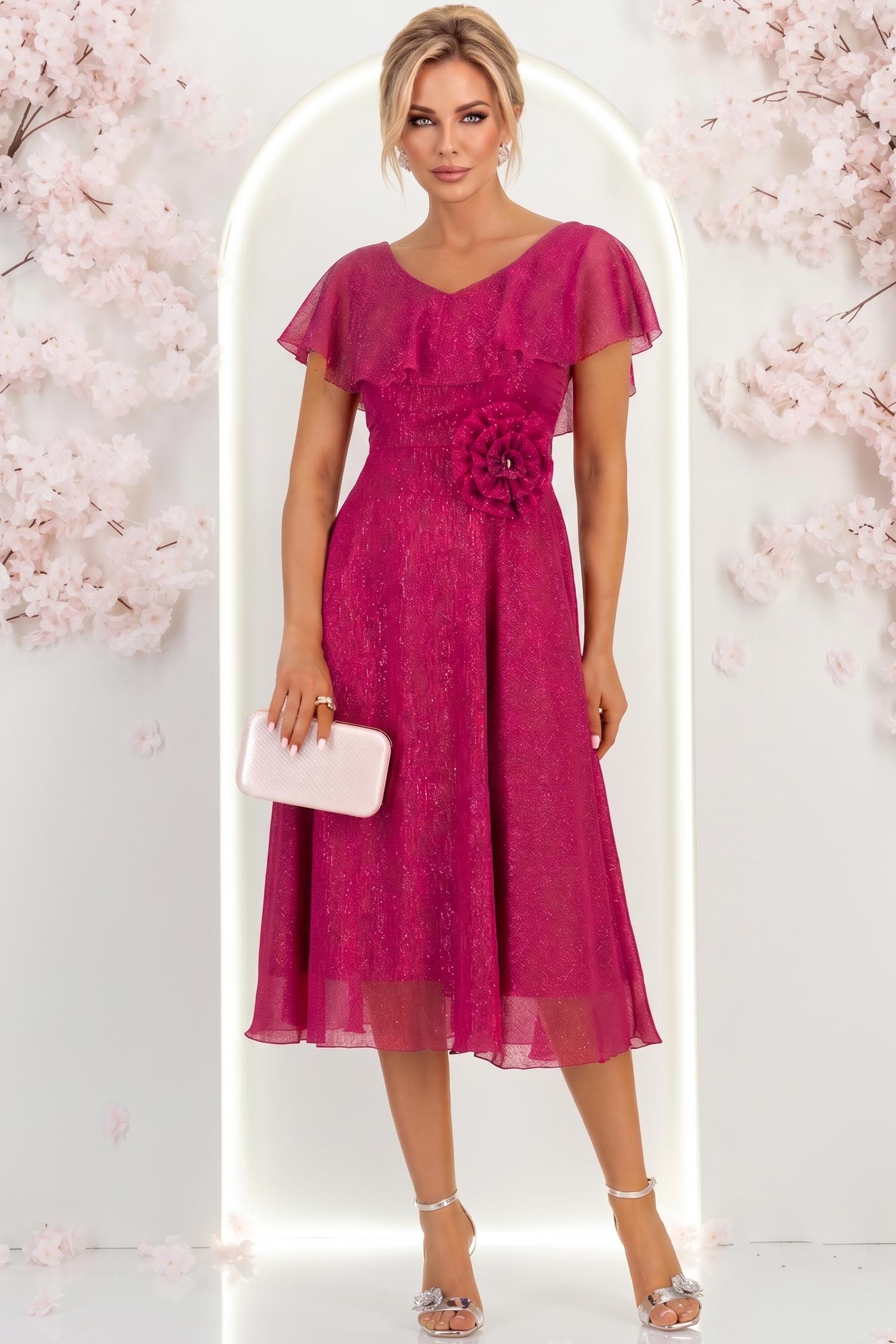 Rochie din voal si fir lame zmeura midi in clos cu brosa - StarShinerS 2 - StarShinerS.ro