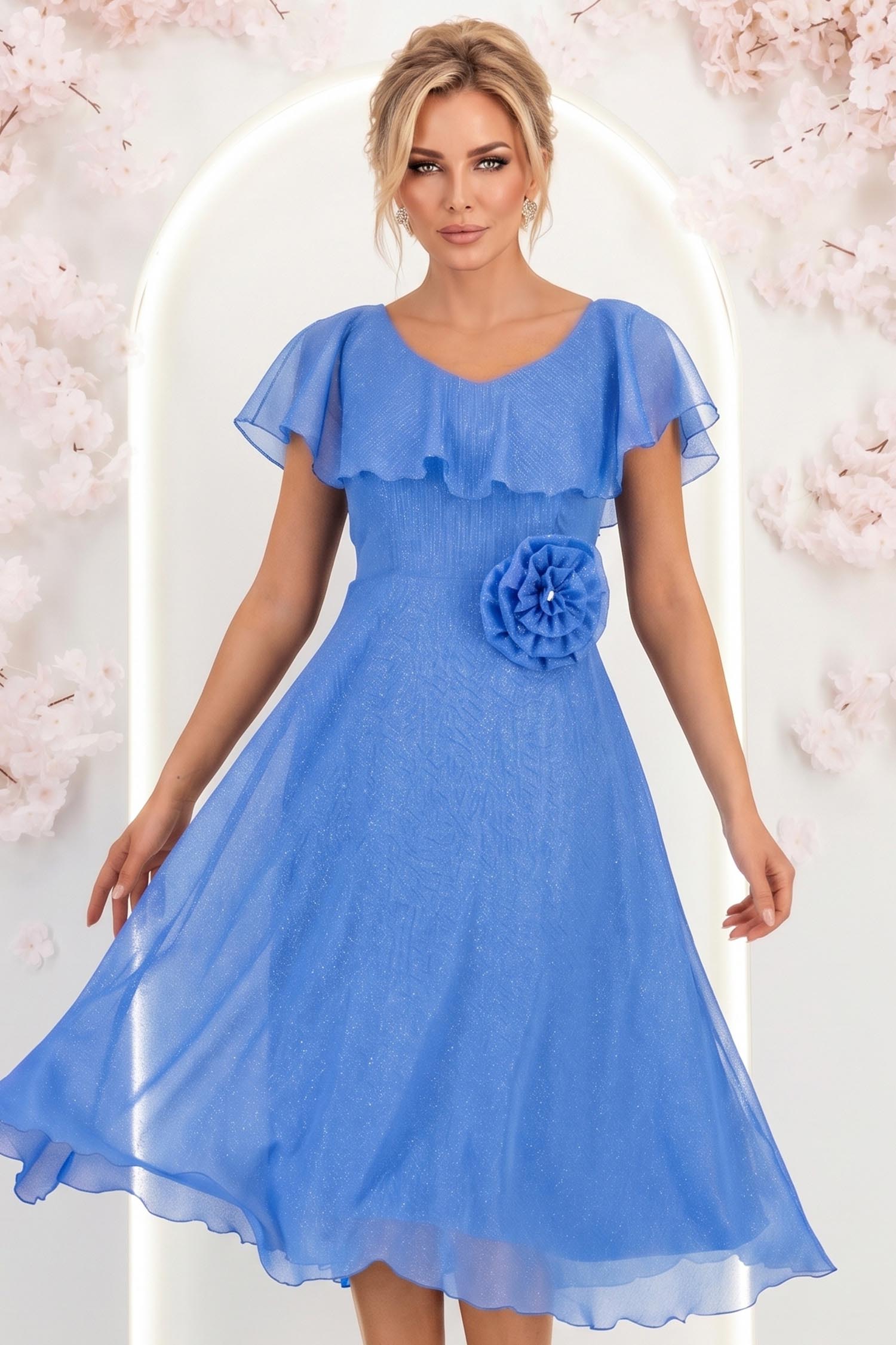 Rochie din voal si fir lame albastra-deschis midi in clos cu brosa - StarShinerS 2 - StarShinerS.ro