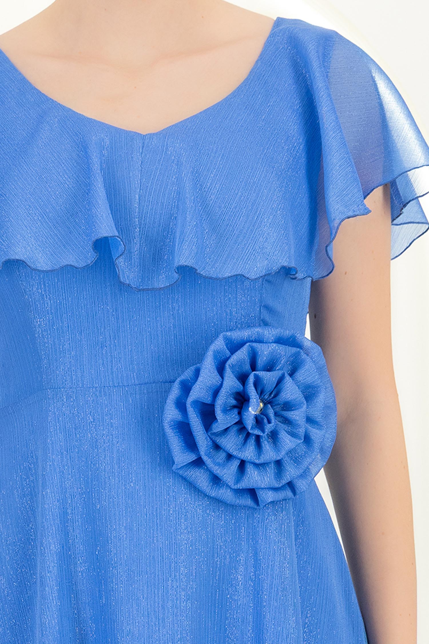 Rochie din voal si fir lame albastra-deschis midi in clos cu brosa - StarShinerS 4 - StarShinerS.ro