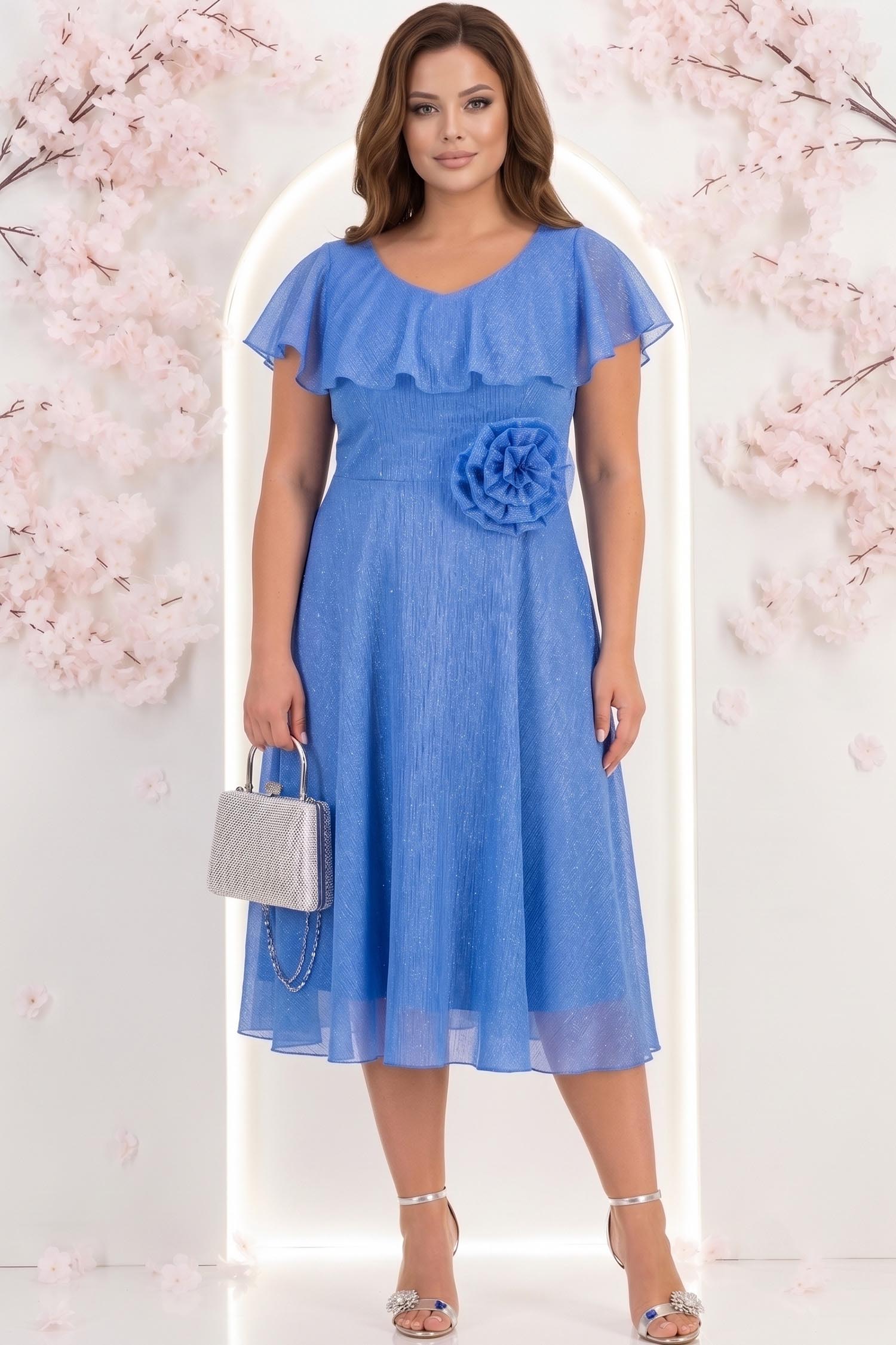Rochie din voal si fir lame albastra-deschis midi in clos cu brosa - StarShinerS 1 - StarShinerS.ro