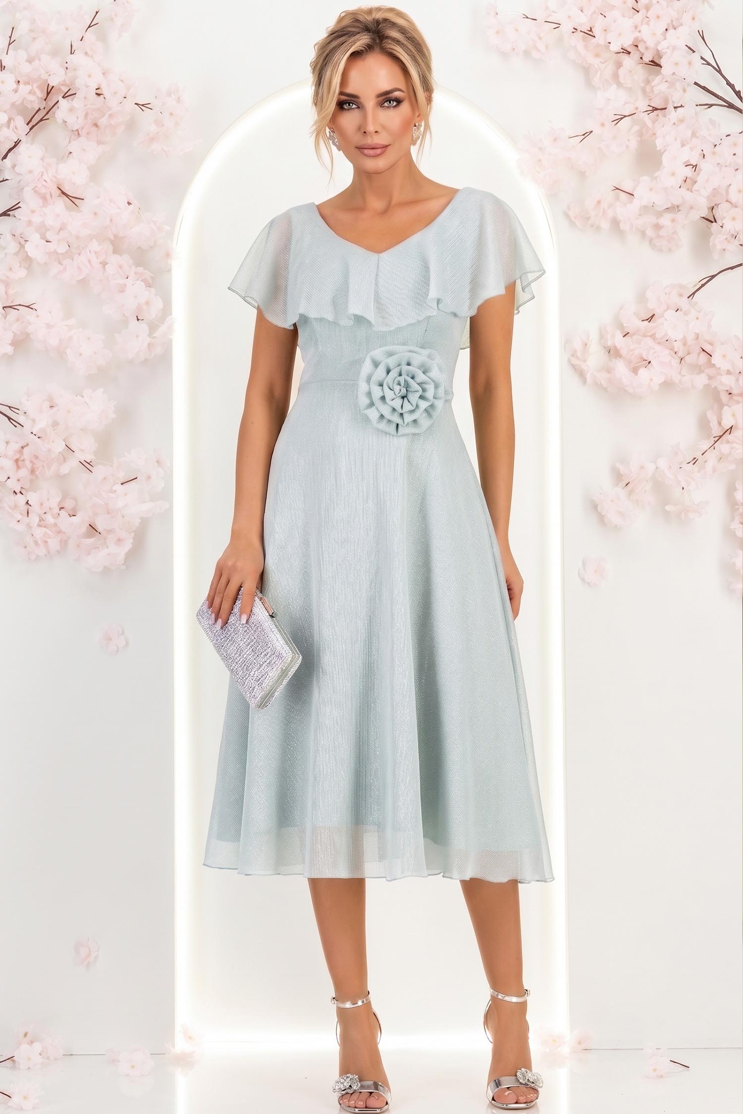 Rochie din voal si fir lame mint midi in clos cu brosa - StarShinerS 2 - StarShinerS.ro