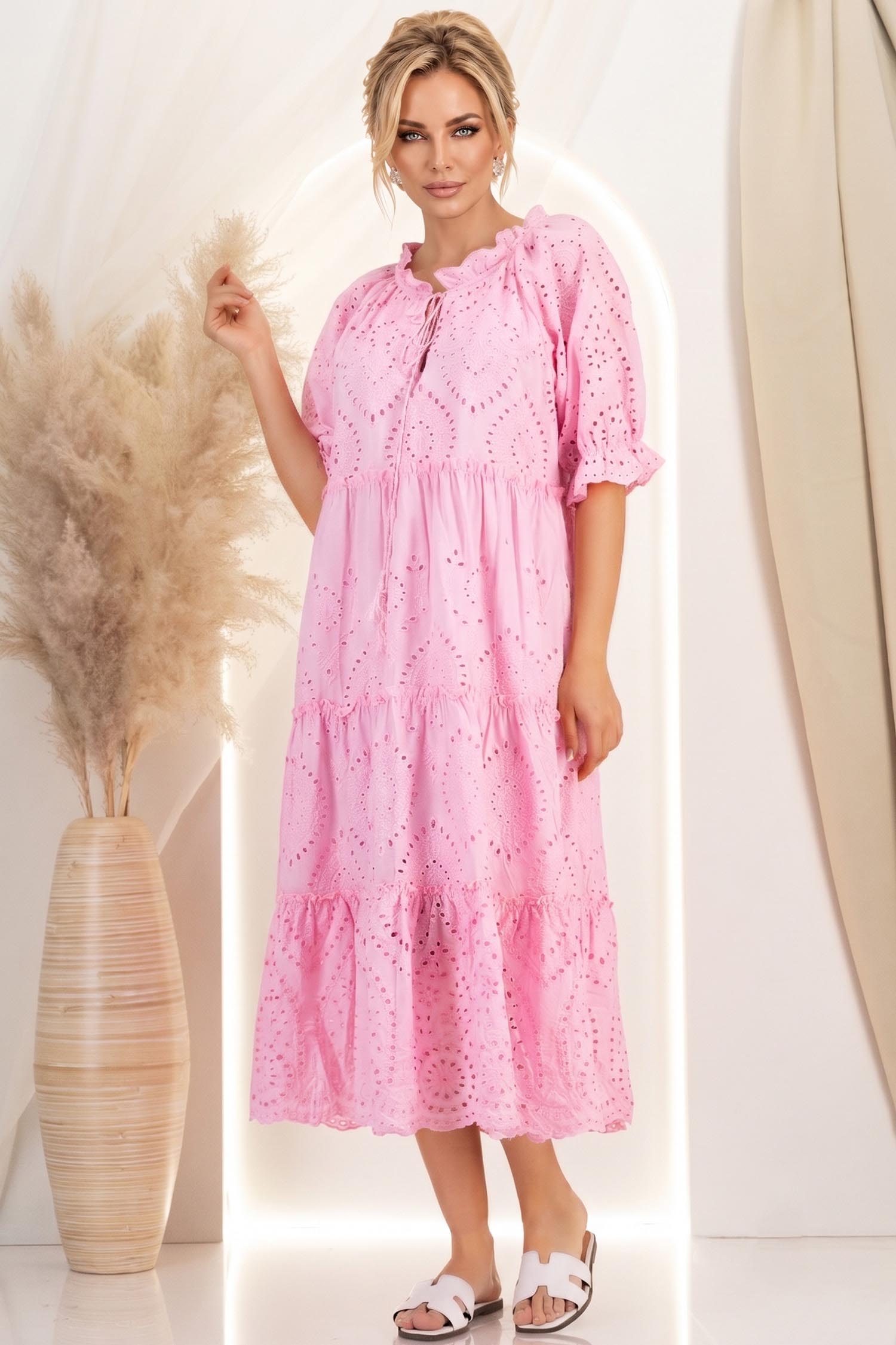 Rochie din ghipură roz midi cu croi larg si maneci scurte bufante 3 - StarShinerS.ro