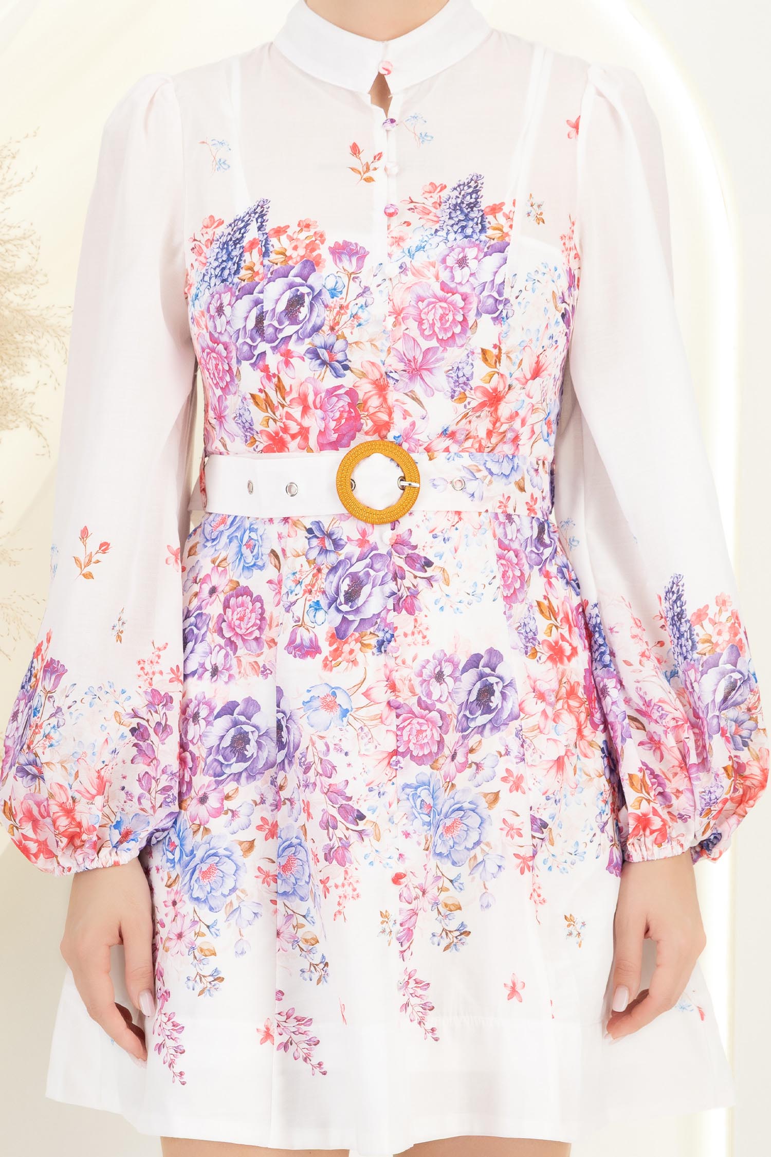 Rochie din bumbac mov scurta in clos cu imprimeu floral si curea 5 - StarShinerS.ro