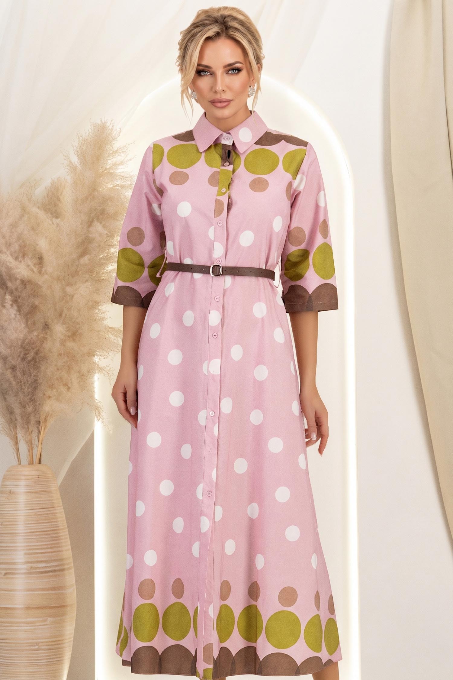 Rochie din bumbac roz in clos midi cu accesoriu tip curea 2 - StarShinerS.ro