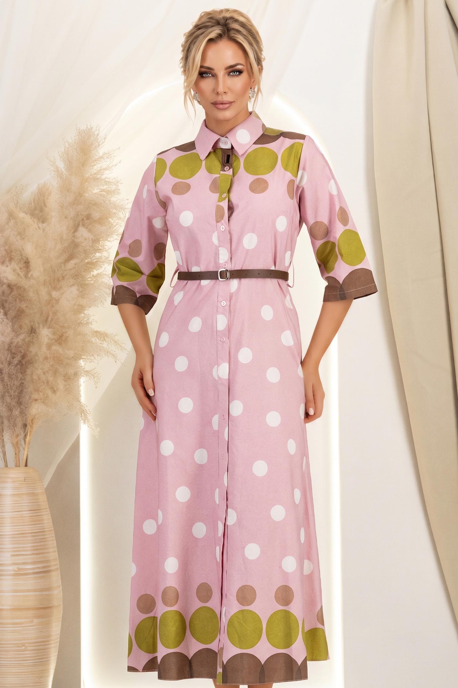 Rochie din bumbac roz in clos midi cu accesoriu tip curea 2 - StarShinerS.ro