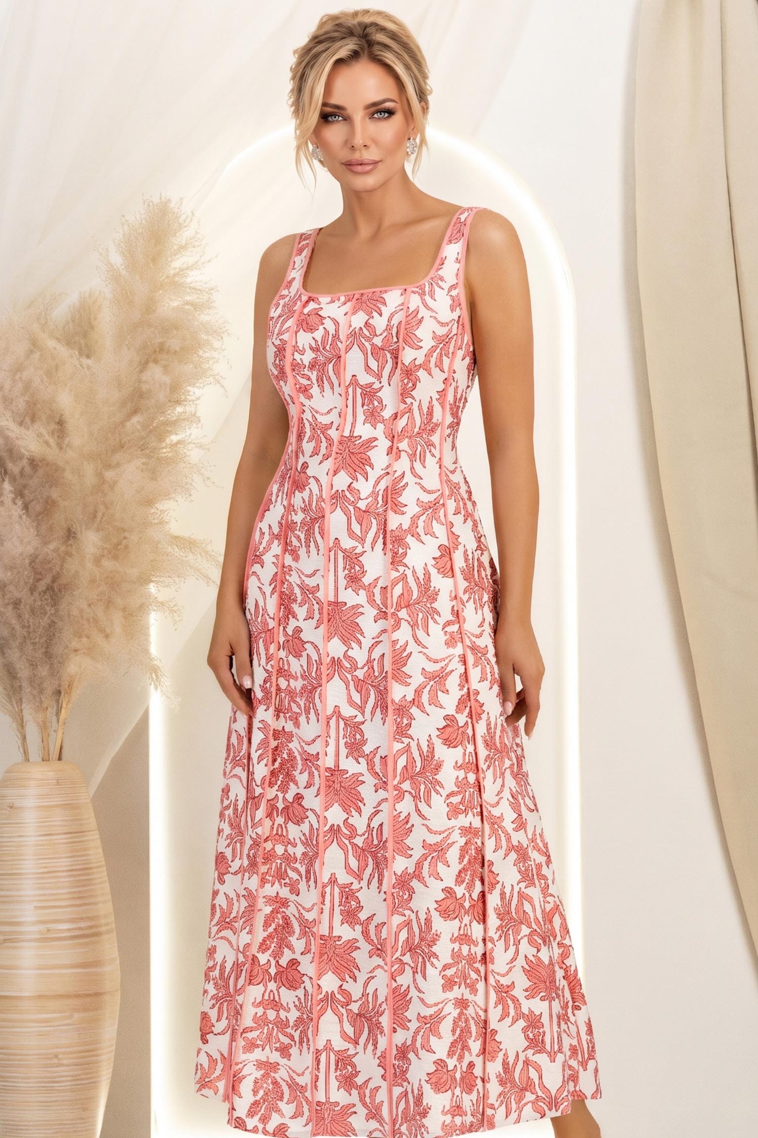 Rochie din rayon roz lunga cu croi larg imprimata 3 - StarShinerS.ro