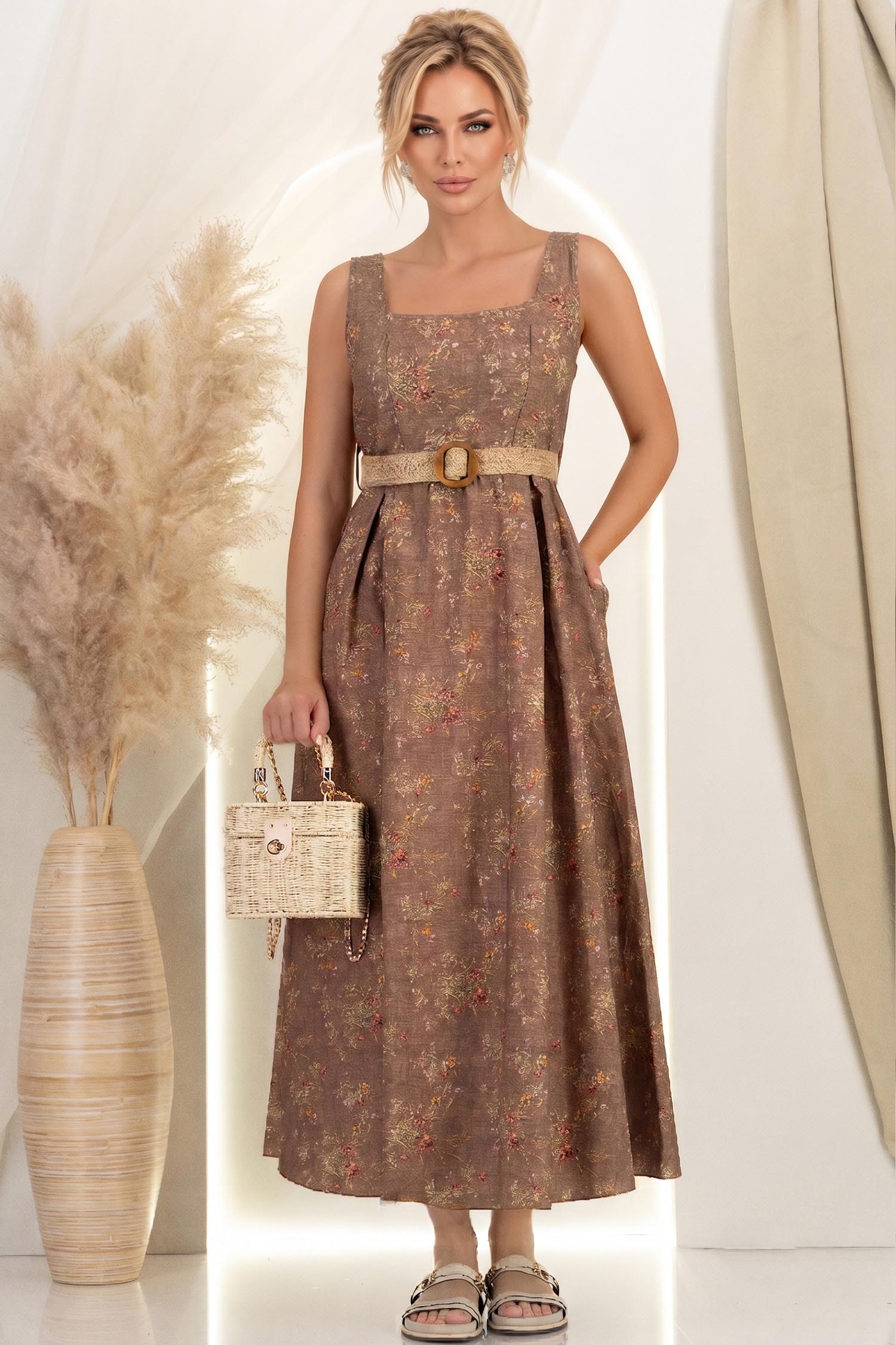 Rochie din bumbac maro lunga clos cu elastic in talie si buzunare laterale 2 - StarShinerS.ro