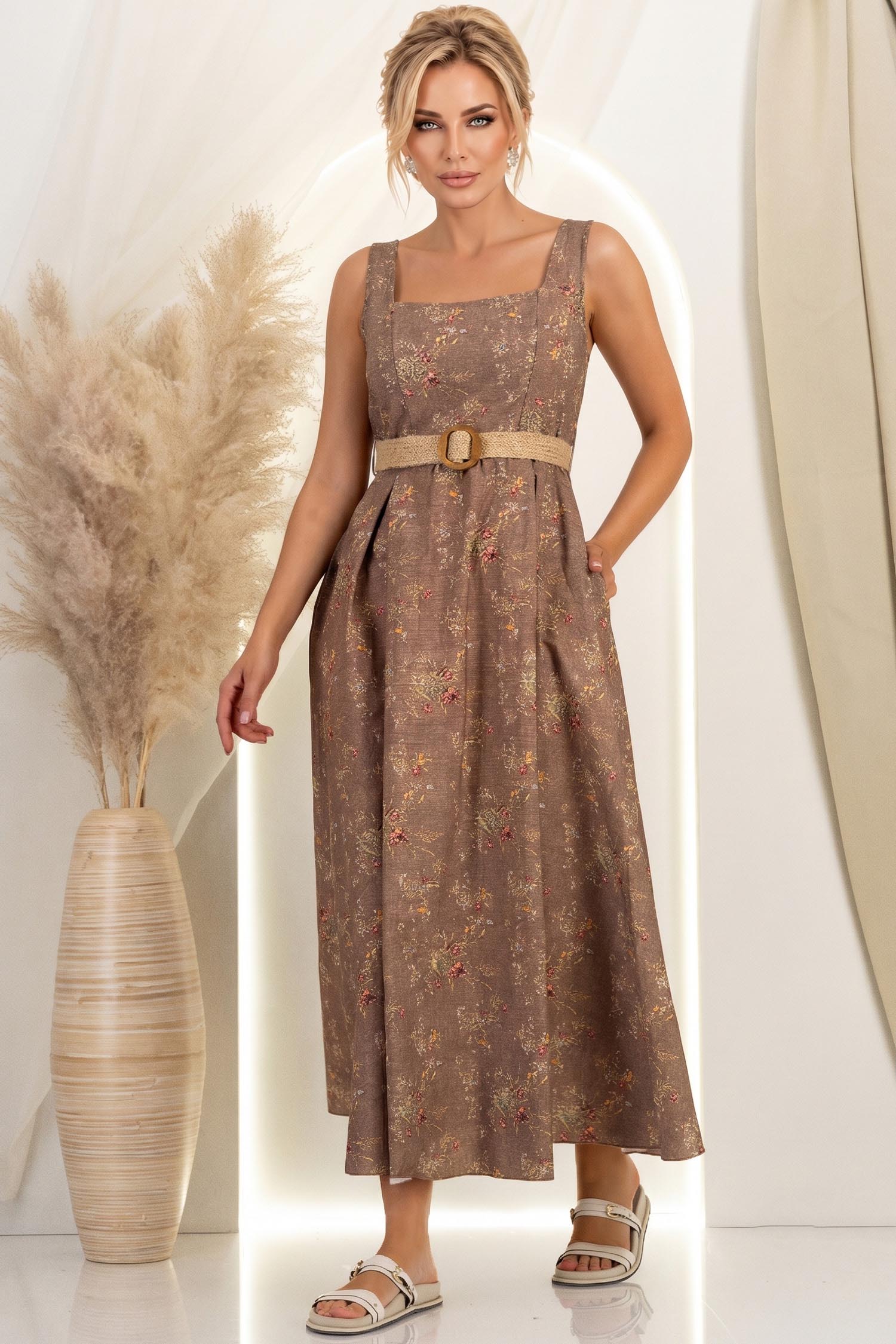 Rochie din bumbac maro lunga clos cu elastic in talie si buzunare laterale 3 - StarShinerS.ro