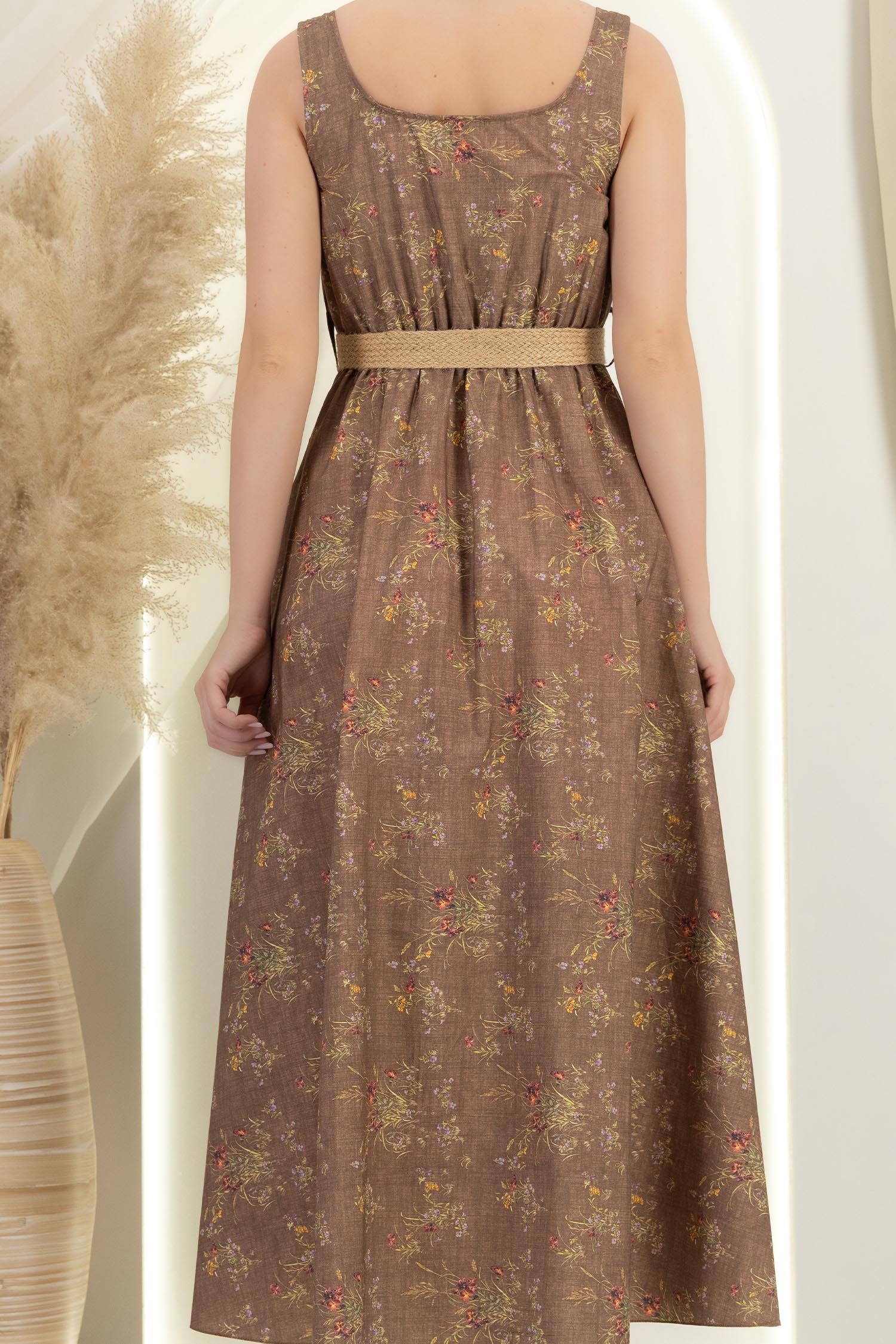 Rochie din bumbac maro lunga clos cu elastic in talie si buzunare laterale 6 - StarShinerS.ro
