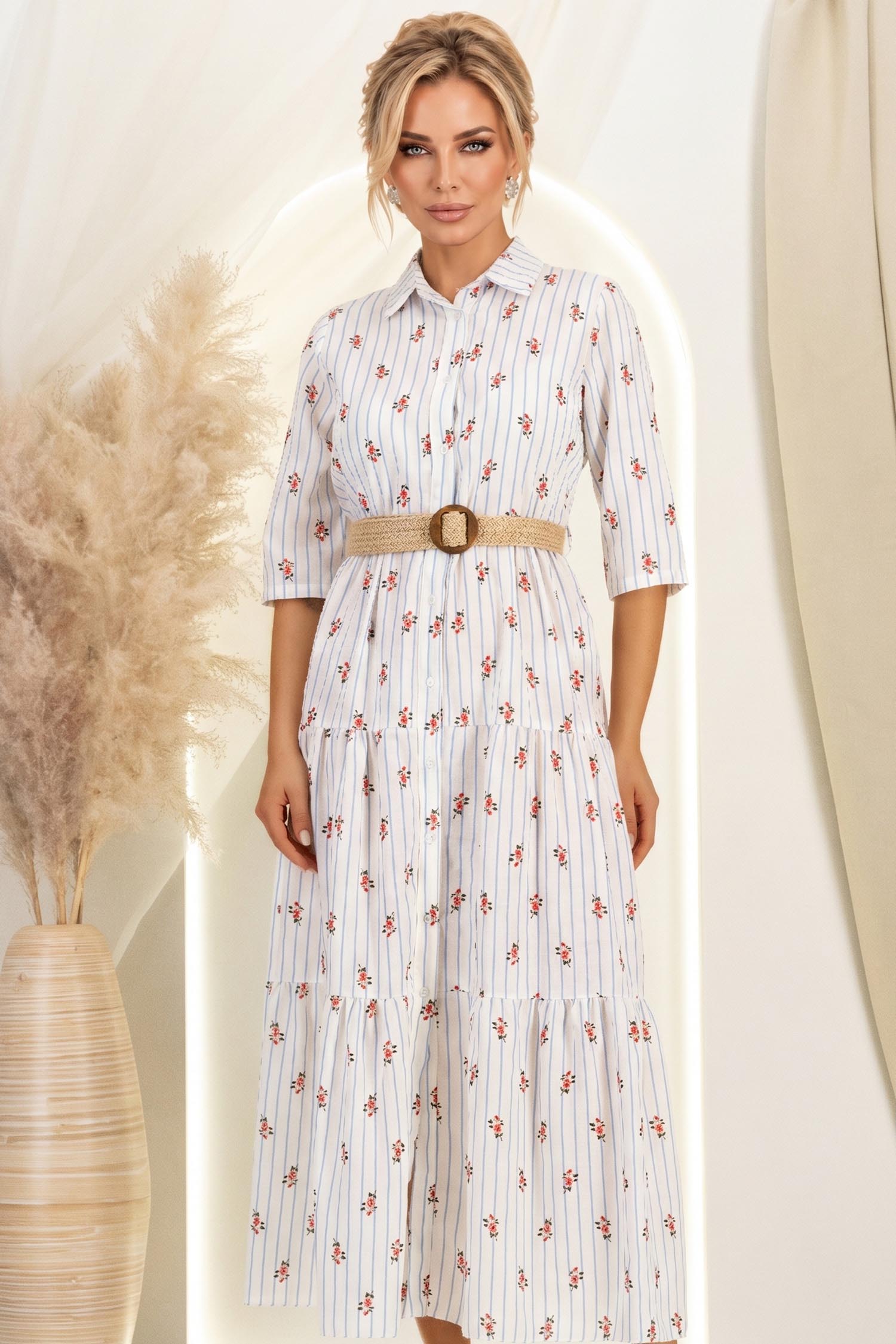Rochie din material fin la atingere alba lunga cu croi larg si curea 2 - StarShinerS.ro