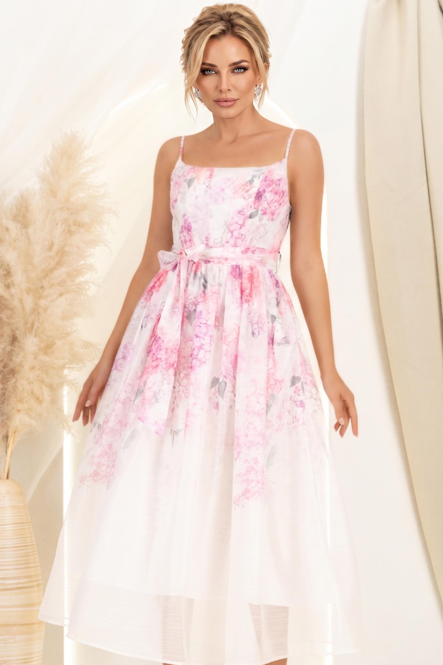 Rochie din material fin la atingere roz imprimata midi in clos cu cordon 2 - StarShinerS.ro