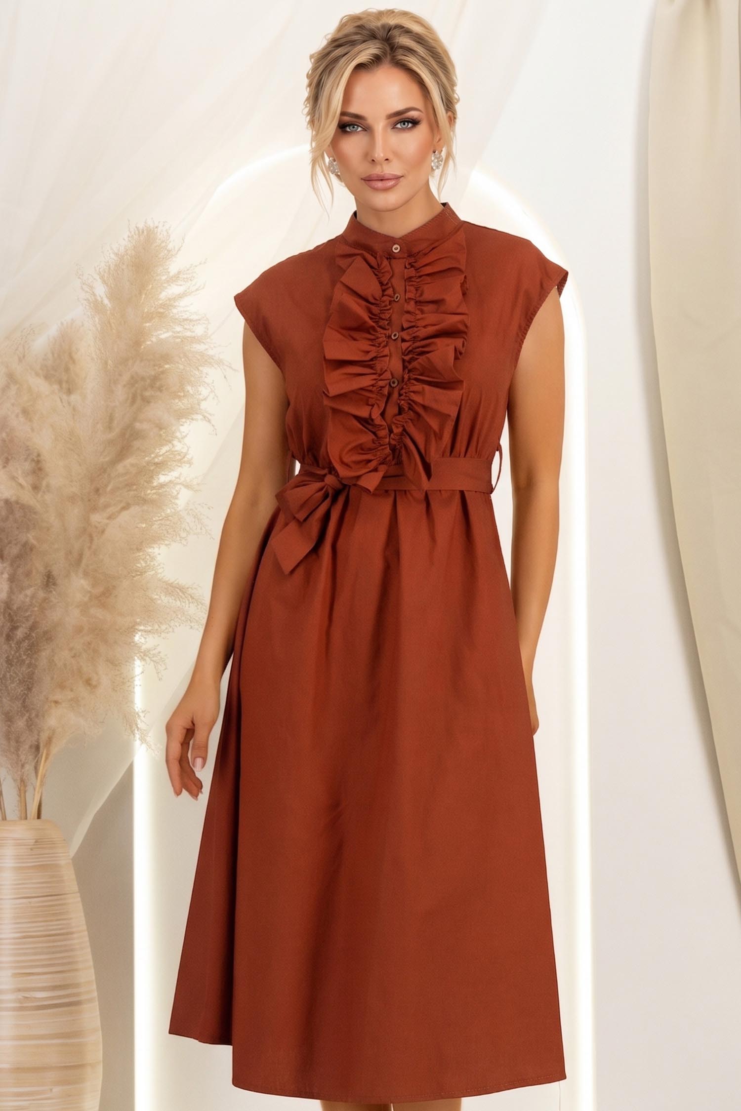 Rochie din bumbac maro midi in clos cu volanase si cordon in talie 2 - StarShinerS.ro