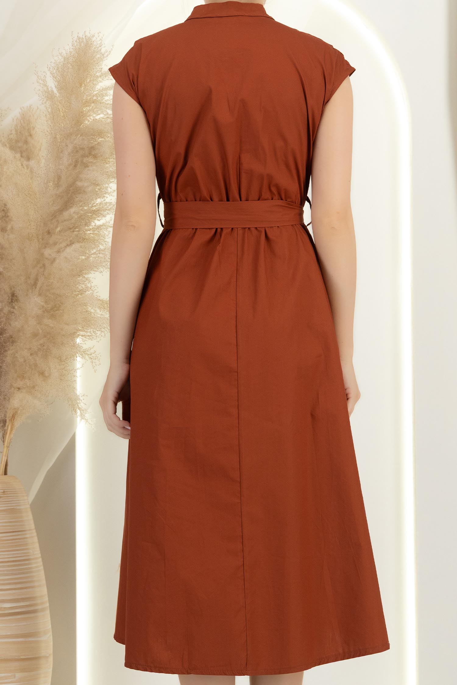Rochie din bumbac maro midi in clos cu volanase si cordon in talie 5 - StarShinerS.ro