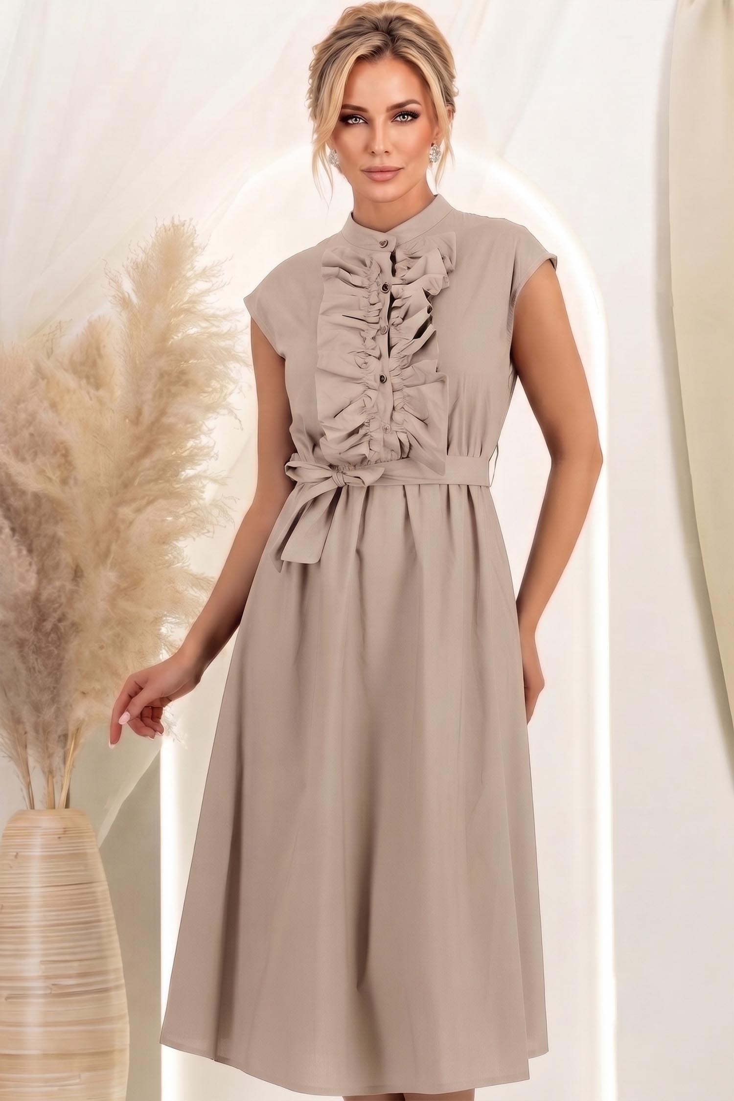 Rochie din bumbac bej midi in clos cu volanase si cordon in talie 2 - StarShinerS.ro