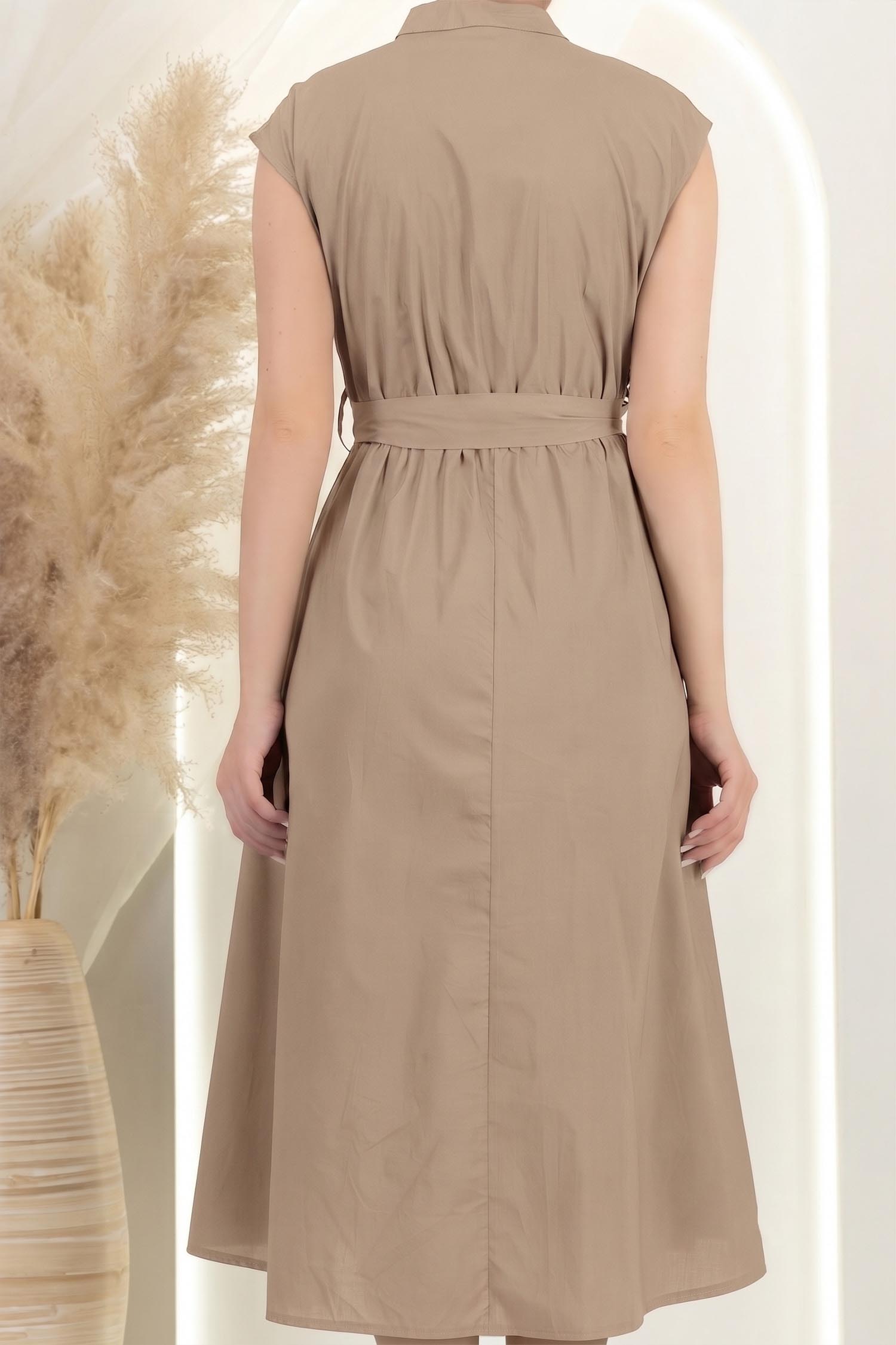 Rochie din bumbac bej midi in clos cu volanase si cordon in talie 5 - StarShinerS.ro