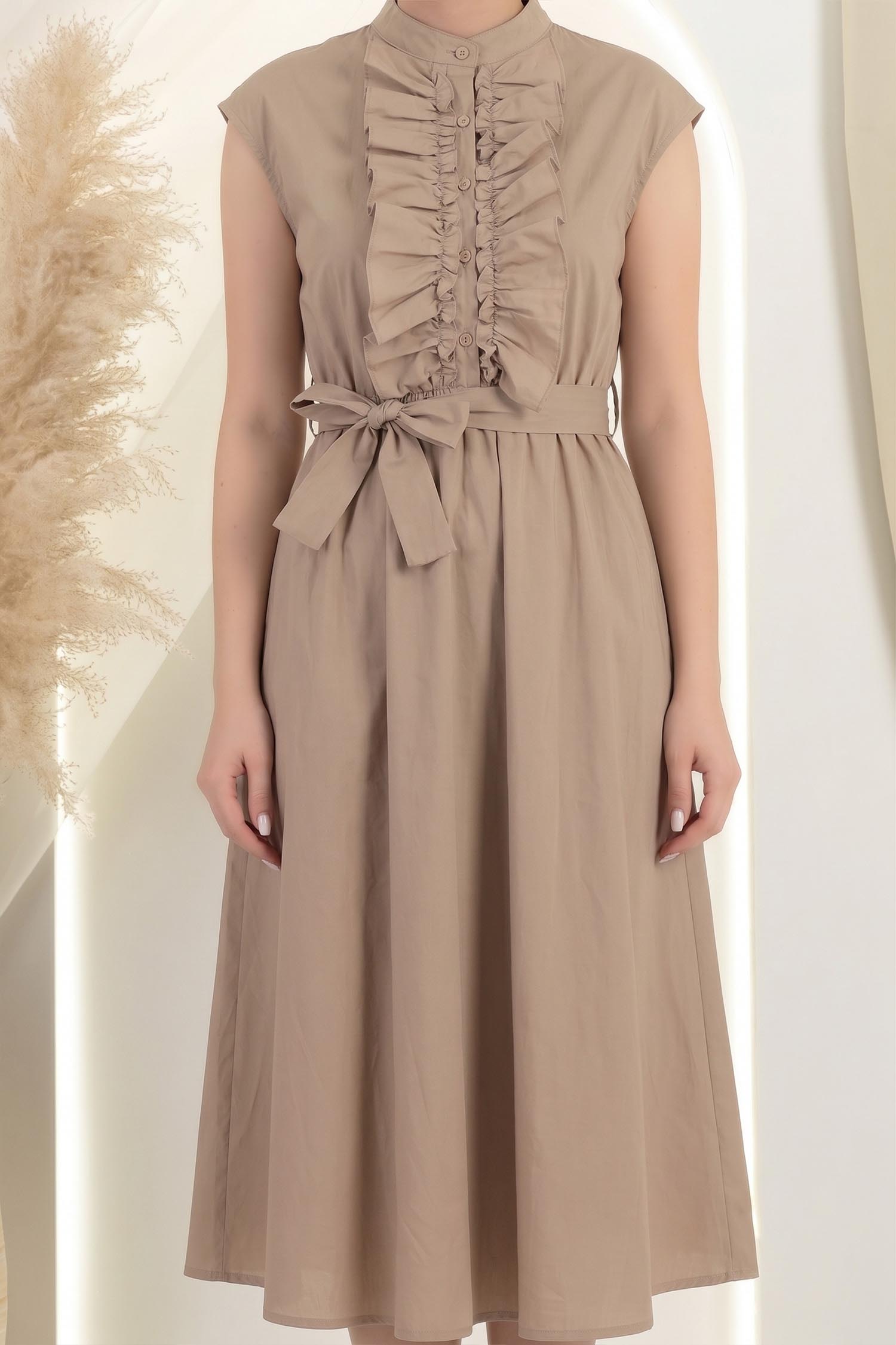Rochie din bumbac bej midi in clos cu volanase si cordon in talie 4 - StarShinerS.ro