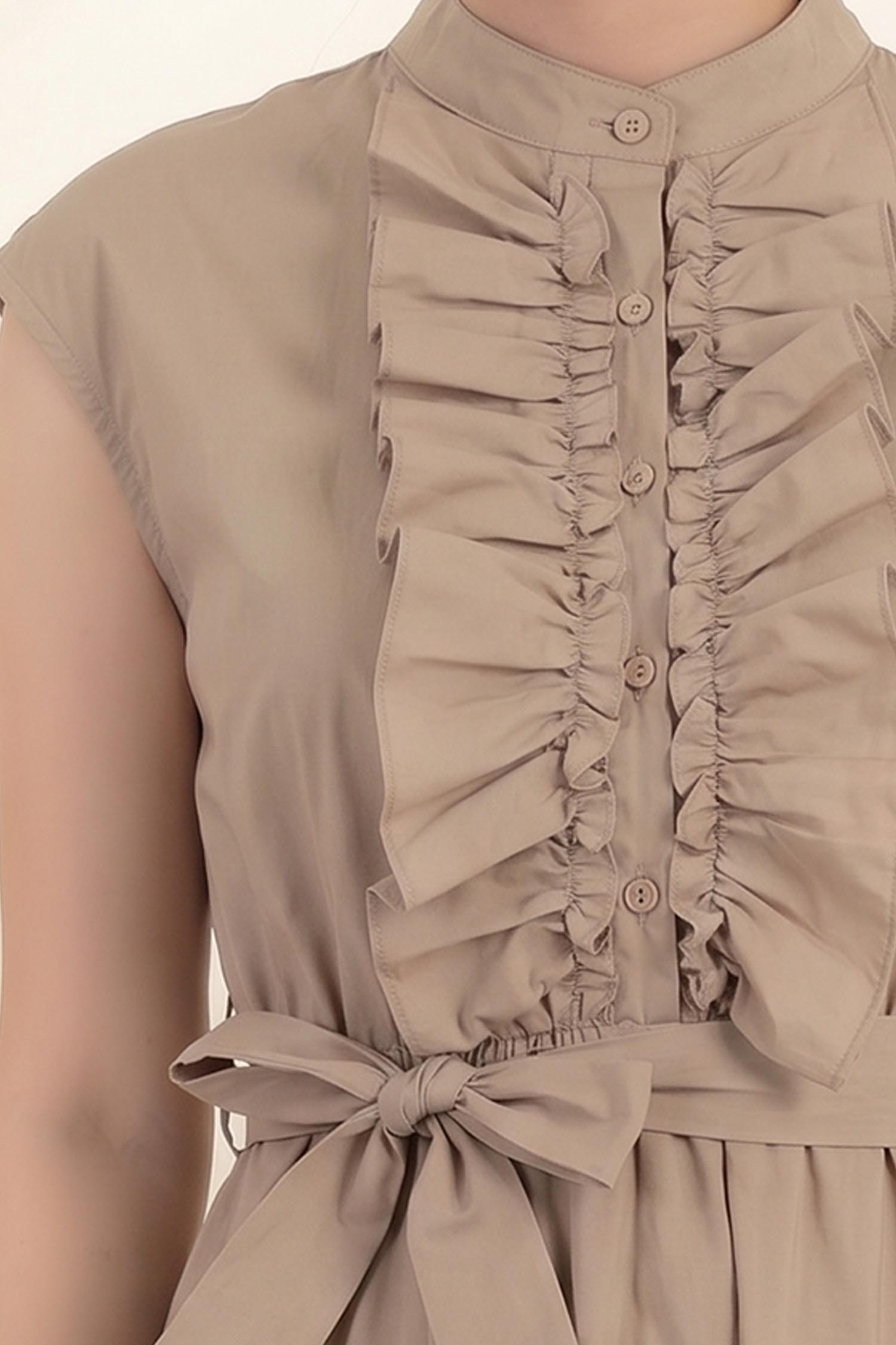 Rochie din bumbac bej midi in clos cu volanase si cordon in talie 3 - StarShinerS.ro