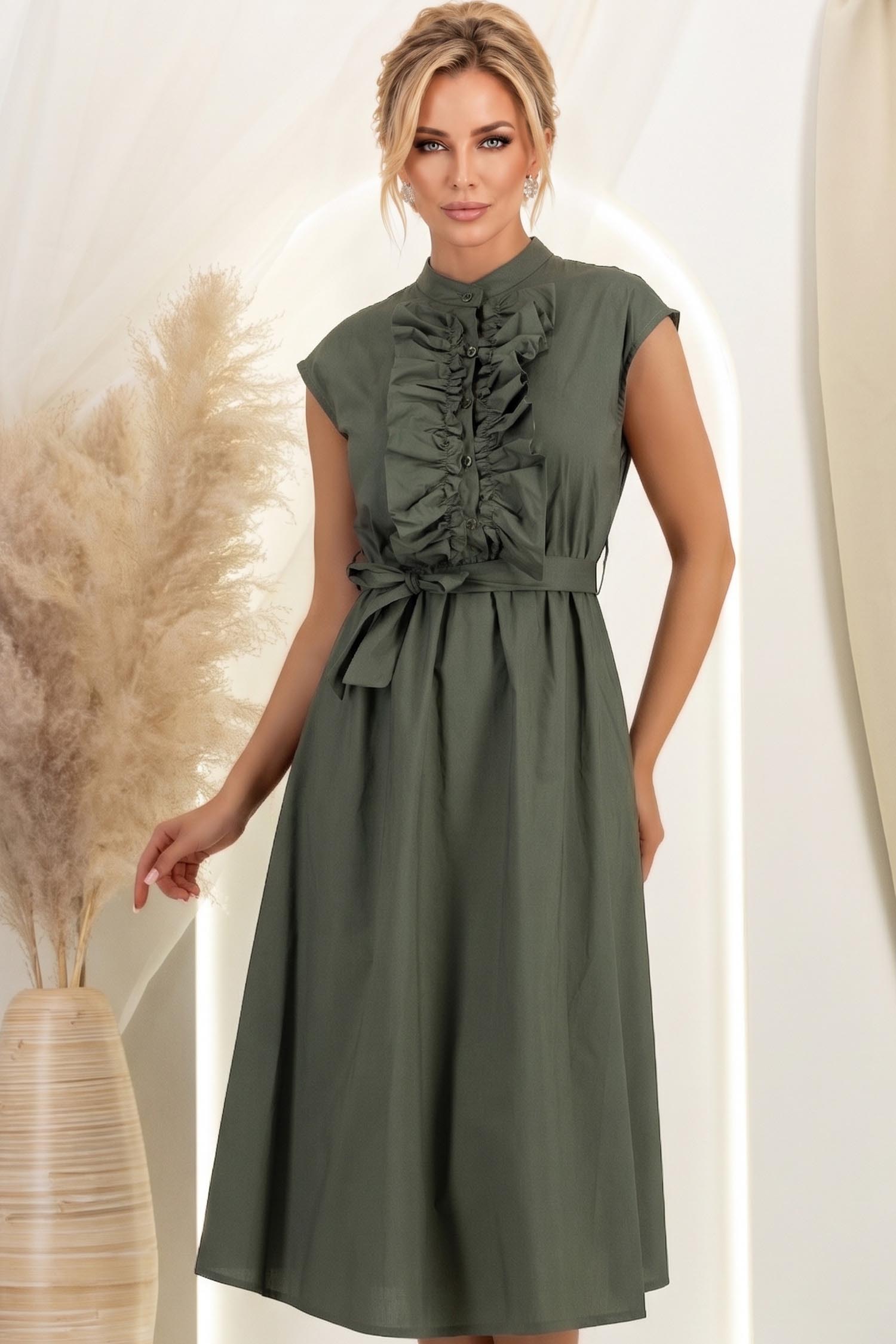 Rochie din bumbac kaki midi in clos cu volanase si cordon in talie 2 - StarShinerS.ro