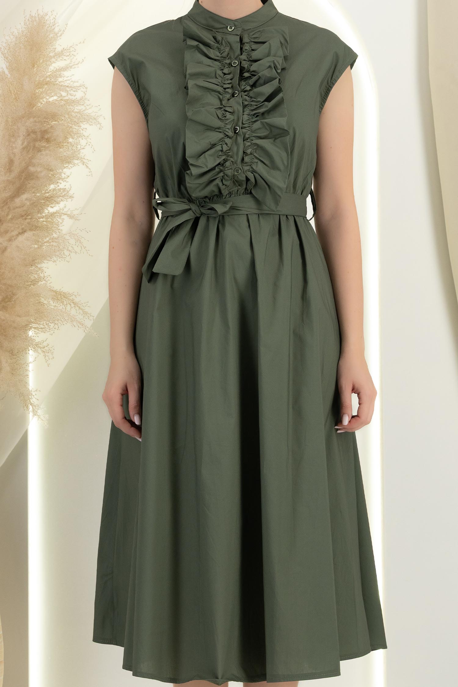 Rochie din bumbac kaki midi in clos cu volanase si cordon in talie 4 - StarShinerS.ro
