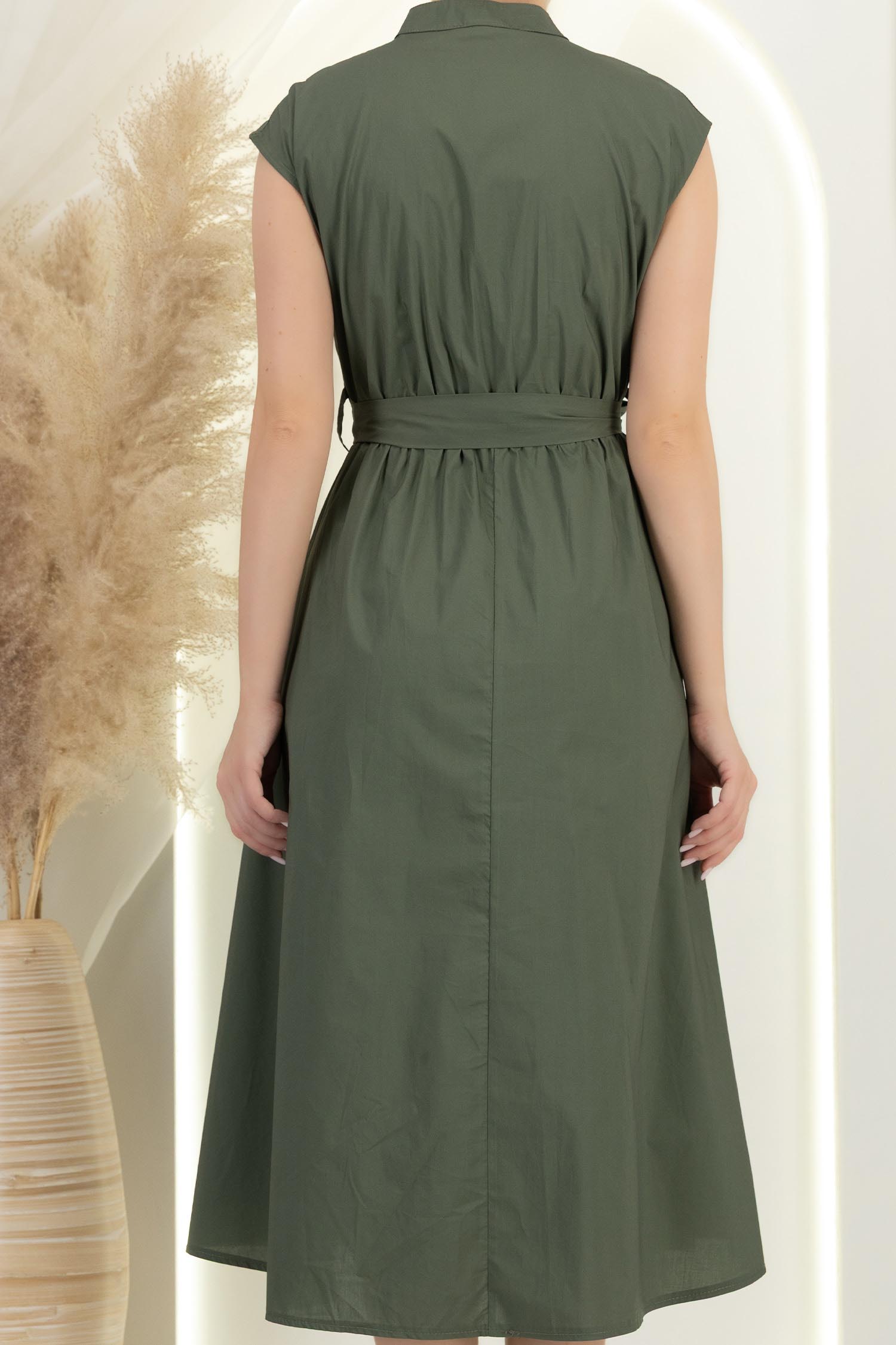 Rochie din bumbac kaki midi in clos cu volanase si cordon in talie 5 - StarShinerS.ro