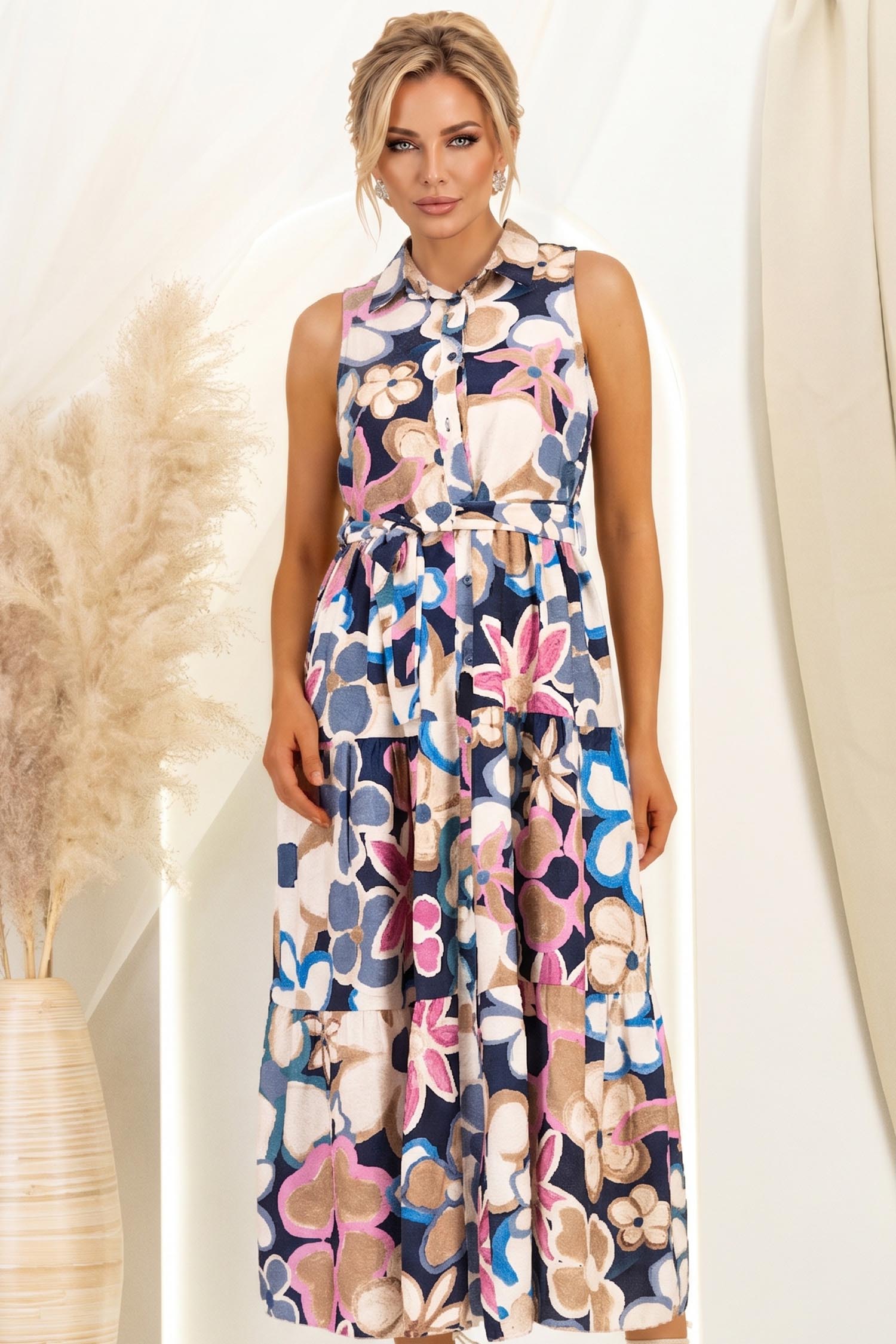 Rochie din viscoza bleumarin midi cu croi larg si cordon detasabil 2 - StarShinerS.ro