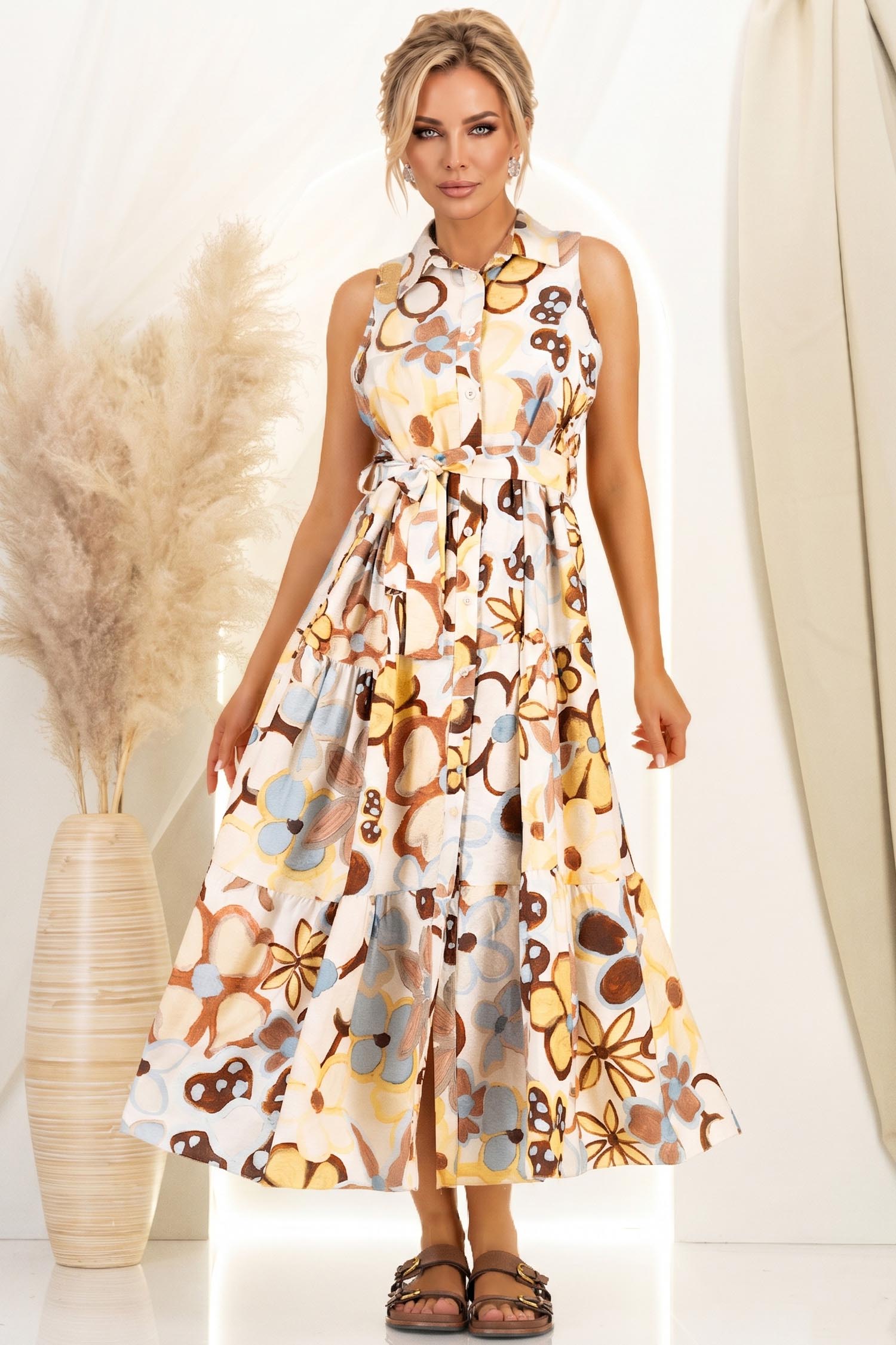 Rochie din viscoza galbena midi cu croi larg si cordon detasabil 3 - StarShinerS.ro