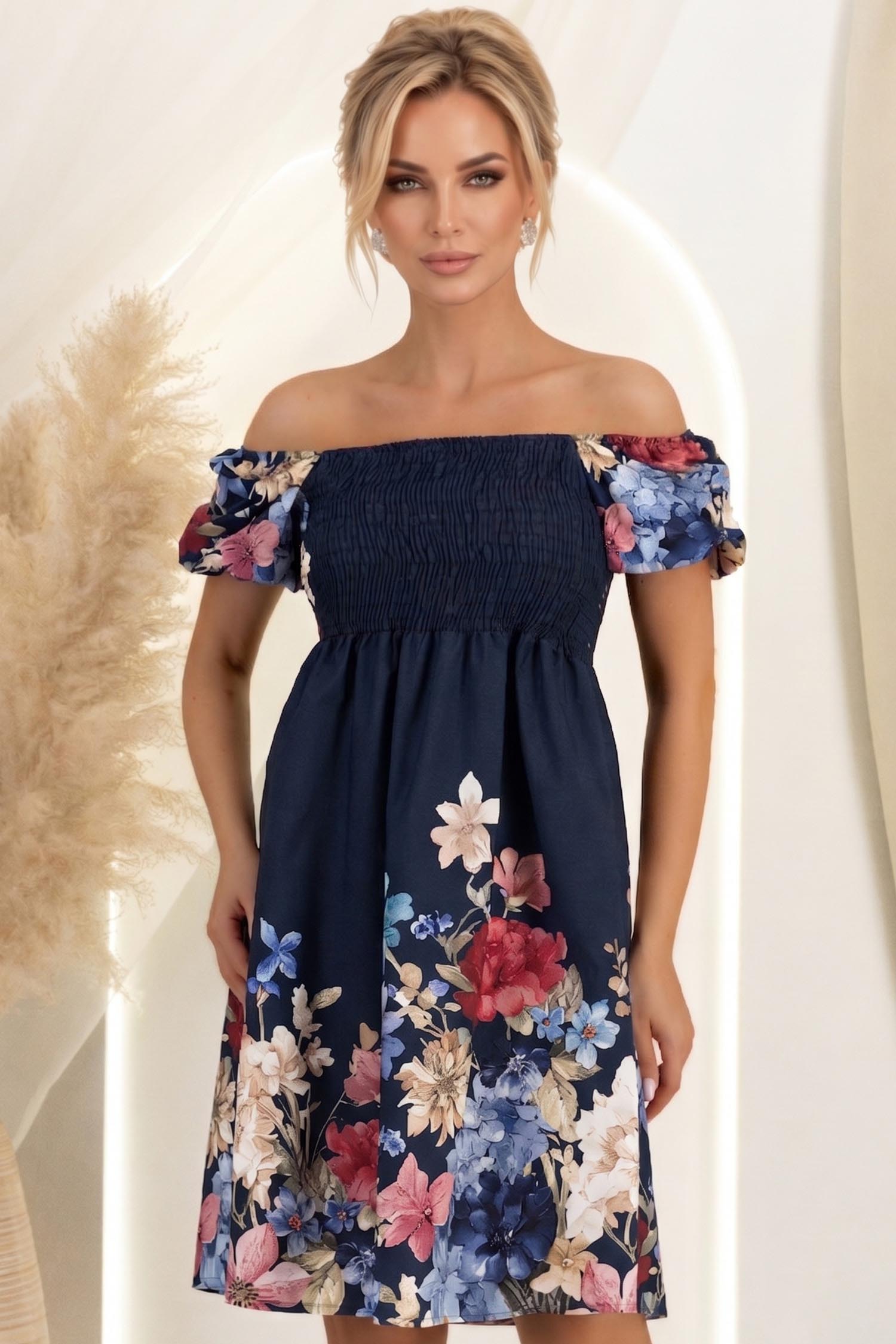 Rochie din bumbac bleumarin scurta in clos cu umerii goi 3 - StarShinerS.ro